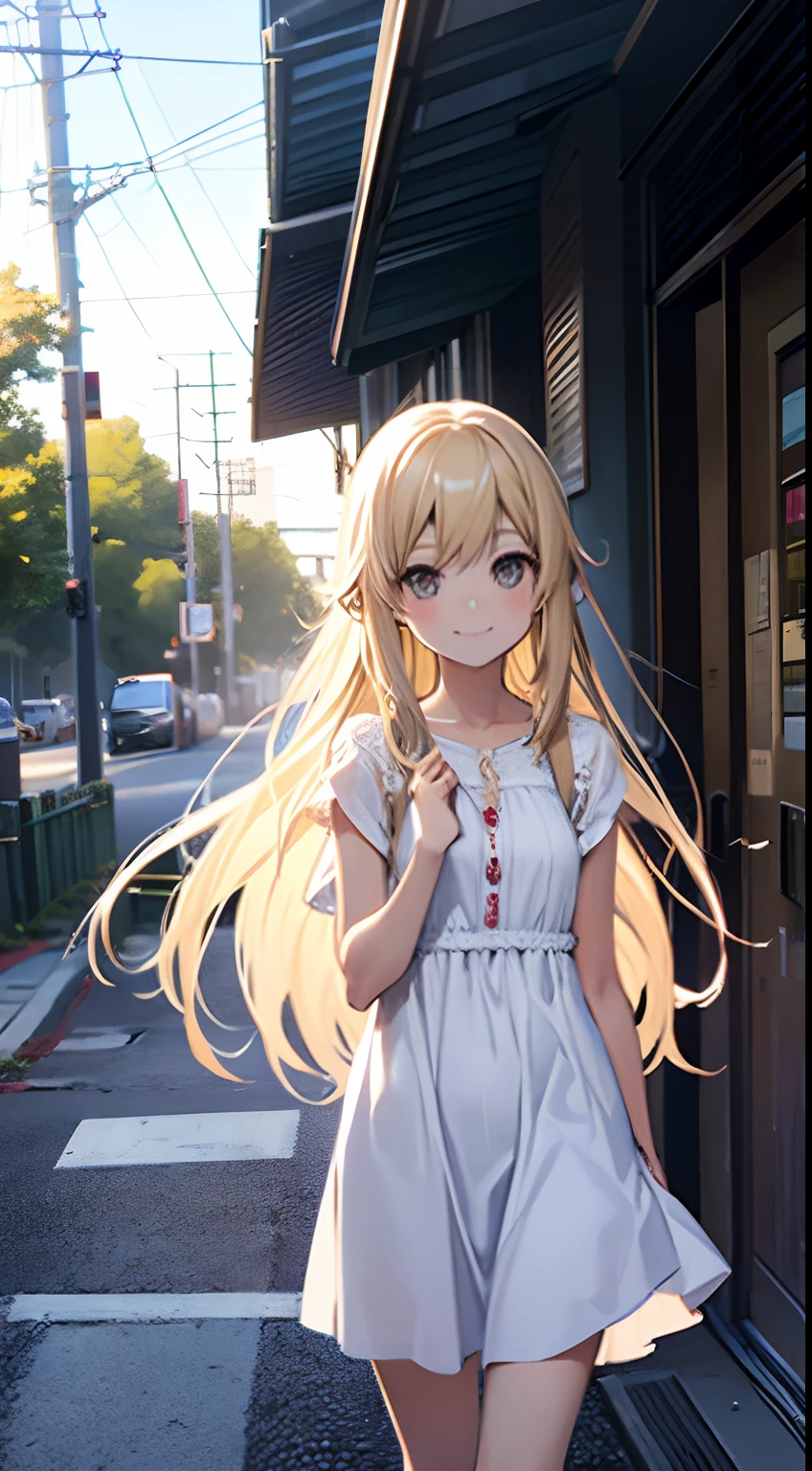 street no people ((Miyuki)) blonde long hair, cute girl, smile, white one piece dress, model, low angel view, bright