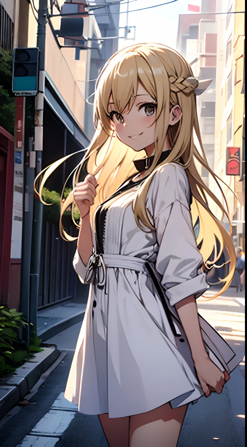 street no people ((Miyuki)) blonde long hair, cute girl, smile, white one piece dress, model, low angel view, bright