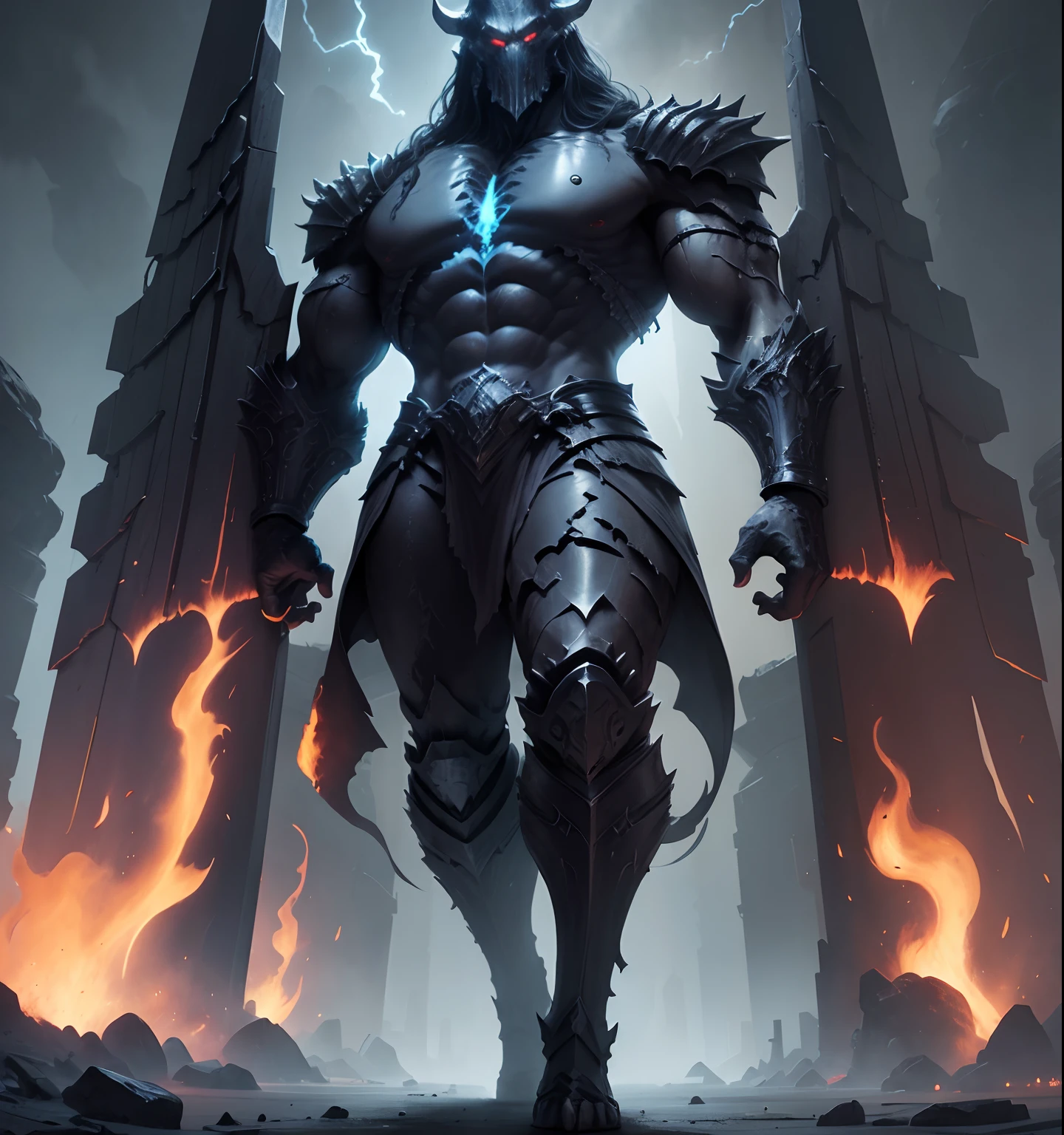skin from chaos, dark atmosphere, eye explosion inside, humanoide negro feito de pedra, tronco, peito nu, masculino, ((obra-prima, melhor qualidade)), pele rachada, eletricidade branca passando por rachaduras,