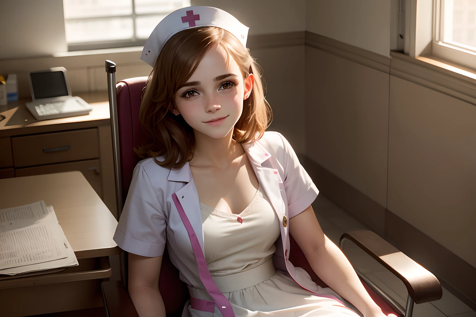  Emma Watson as a sexy nurse in a hospital ward. cute smile. sitting in a chair.