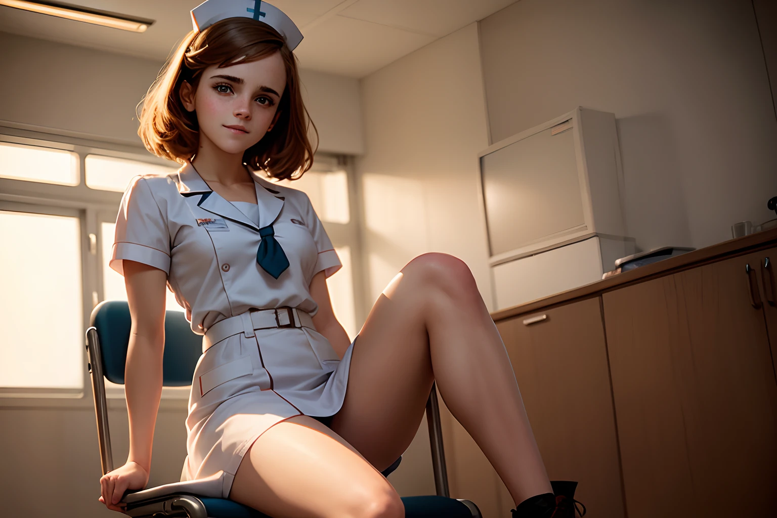 Emma Watson as a sexy nurse in a hospital ward. cute smile. sitting in a chair.
