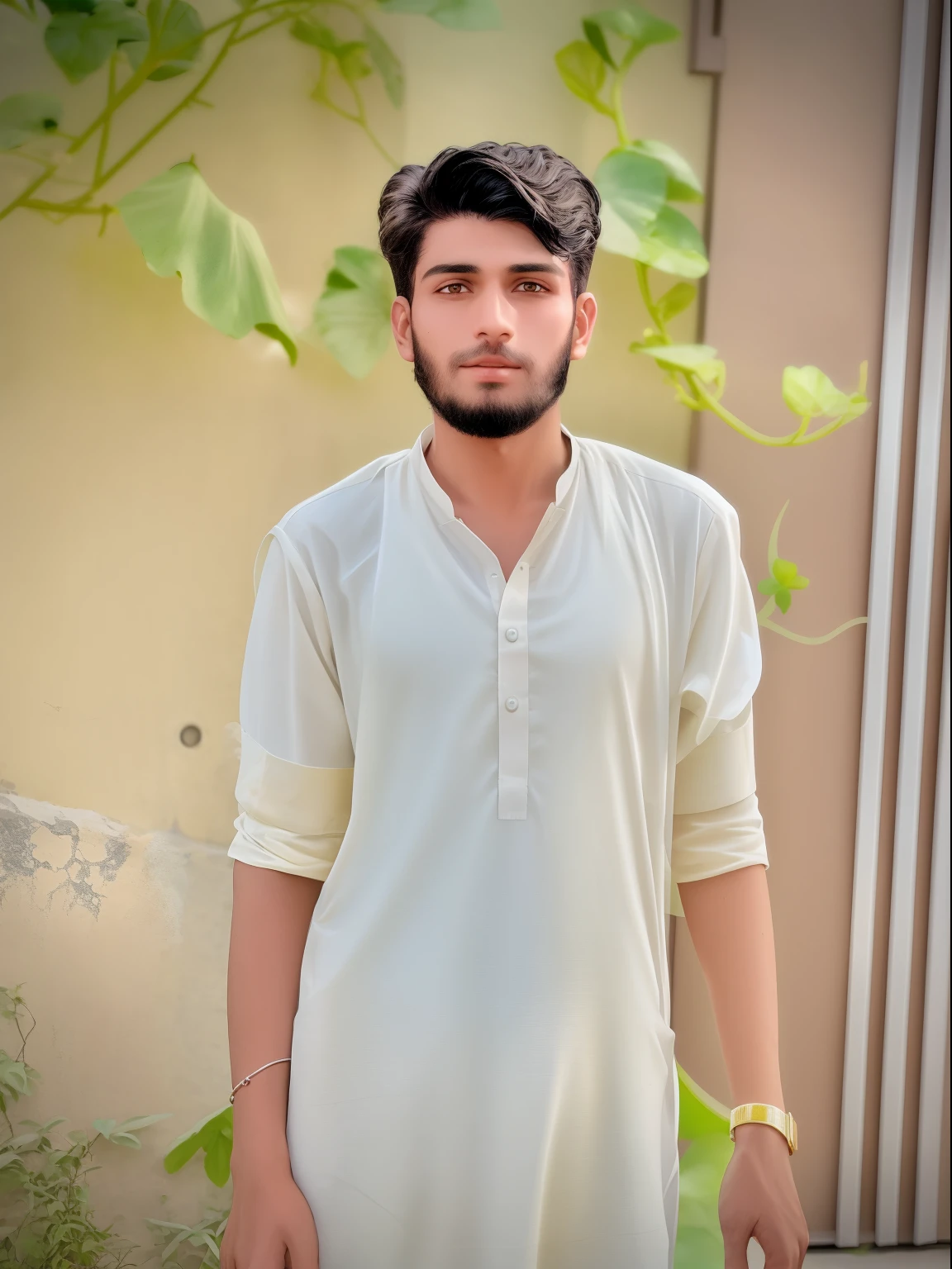 arafed man in a white shirt standing in front of a building, wearing a kurta, kyza saleem, khyzyl saleem, riyahd cassiem, wearing a silk kurta, around 1 9 , profile picture 1024px, inspired by Amir Zand, by Riza Abbasi, full body picture