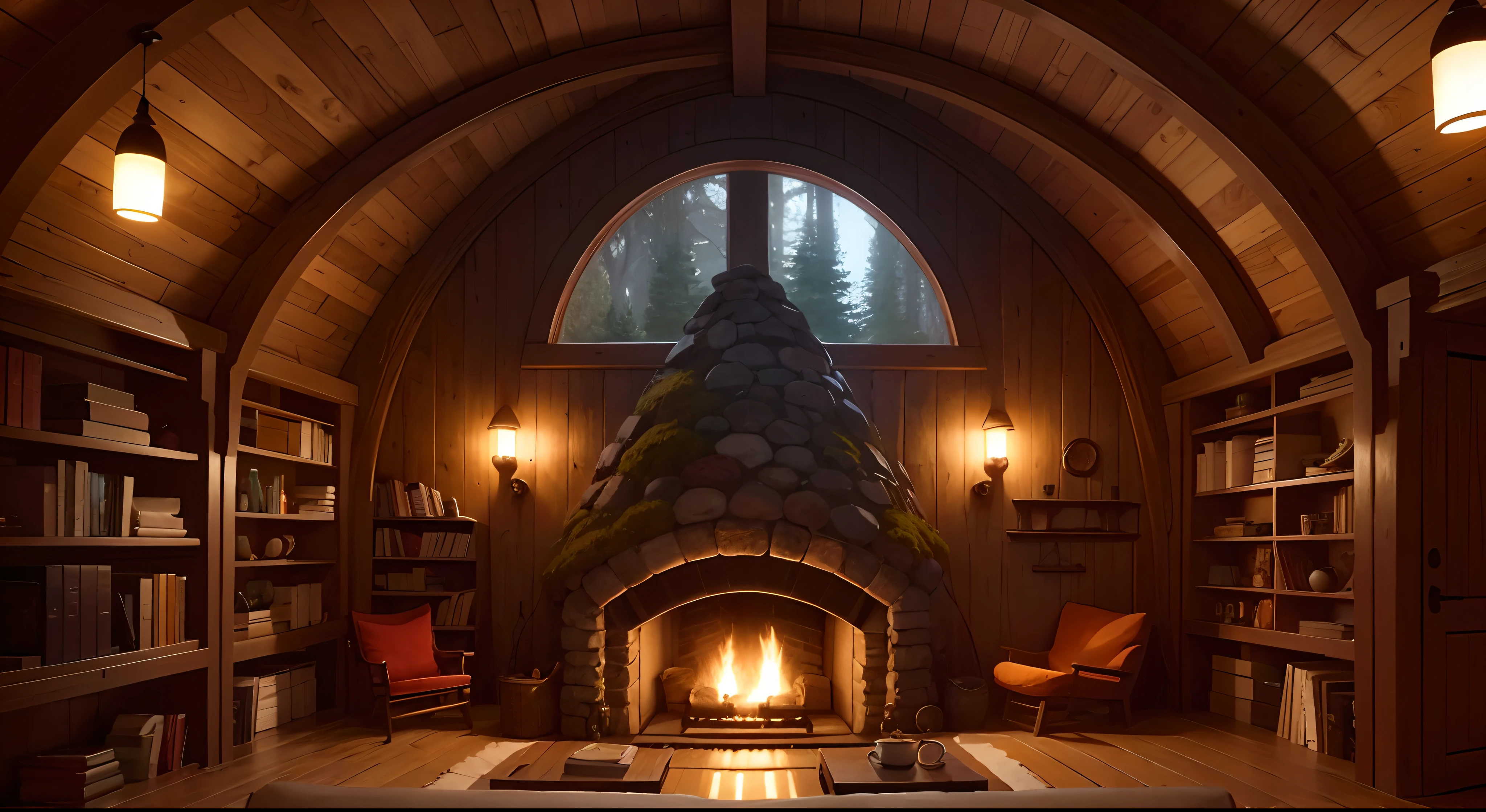 a cozy hobbit house at night, interior with rounded fireplace,with rounded windows, theres a cozy bookshelf full of books, a cozy coffee can and a coffee cup, a pile of firewood
