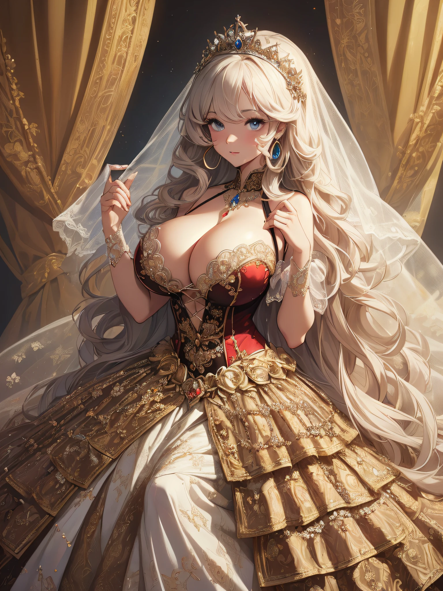 nsfw,((anime artstyle)),(Masterpiece),(Best Quality), (Super Detail),((Very Delicate and Beautiful)),cinematic lighting,1 cute lady,((((full body portrait)))),((solo)),digital art,(((1 princess in beautiful embroidery and jeweled gorgeous princess rococo ballgown with voluminous full length hoop skirt))),crinoline,long train,((beautiful embroidery and jeweled)),voluminous frills,See-through,(gorgeous embroidery and beautiful lace),((((gigantic tits,skindentation,gigantic cleavage breasts)))),cleavage,((large amount of straight hair,extremely voluminous Hair,Very Long Straight Hair)),((finely detailed face and eyes)),clear pupil,extremely gorgeousfull hair ornament,(bling-bling jeweled extremely gorgeousfull tiara),(bling-bling gorgeous gemstone jewelry),long veil,(beautiful background),((full body)),((gorgeous princess rococo ballgown with voluminous full length hoop skirt))