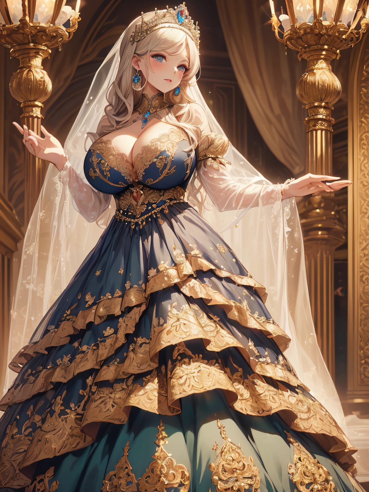 nsfw,((anime artstyle)),(Masterpiece),(Best Quality), (Super Detail),((Very Delicate and Beautiful)),cinematic lighting,1 cute lady,((((full body portrait)))),((solo)),digital art,(((1 princess in beautiful embroidery and jeweled gorgeous princess rococo ballgown with voluminous full length hoop skirt))),crinoline,long train,((beautiful embroidery and jeweled)),voluminous frills,See-through,(gorgeous embroidery and beautiful lace),((((gigantic tits,skindentation,gigantic cleavage breasts)))),cleavage,((large amount of straight hair,extremely voluminous Hair,Very Long Straight Hair)),((finely detailed face and eyes)),clear pupil,extremely gorgeousfull hair ornament,(bling-bling jeweled extremely gorgeousfull tiara),(bling-bling gorgeous gemstone jewelry),long veil,(beautiful background),((full body)),((gorgeous princess rococo ballgown with voluminous full length hoop skirt))