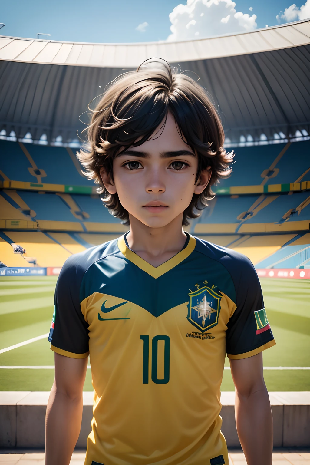 menino, cabelo liso castanho escuro, pelo muito curto, pelo curto, Men's uniform of the Brazil national football team, camisa amarela, blue shorts, epic scenery, Packed stadium, Torcida, melhor qualidade, best resolution , Estilo anime , obra prima , olhar fixo, corpo inteiro, Funtebol Stadium in the background, World Cup Scenario, Brasil, Child in love with football, chutando a bola no gol, fazendo gol.