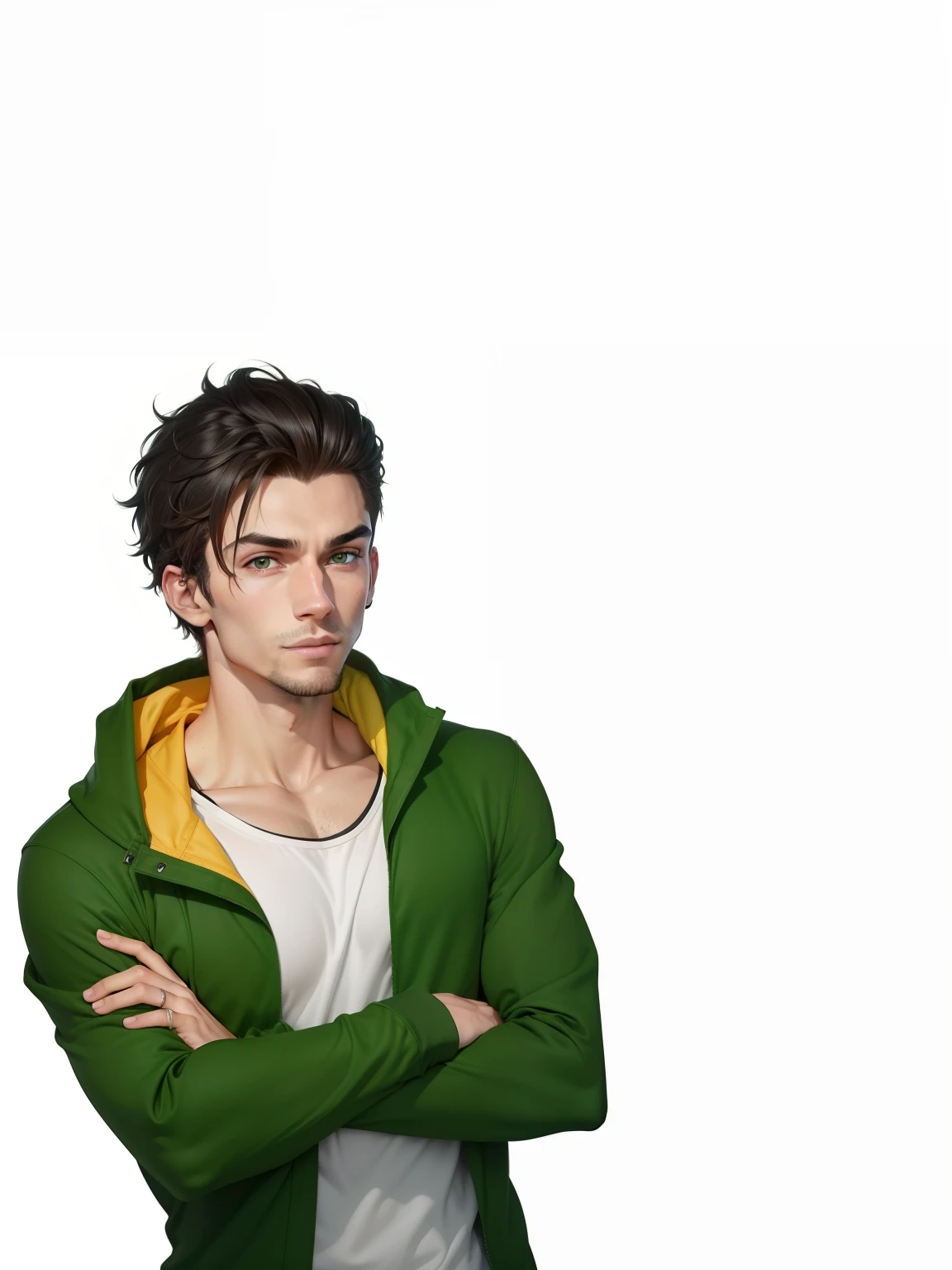 Thomas, homem, rosto jovial, SEM BARBA , europeu, Athletic Physique, pele clara, cabelo marrom da cor da madeira, cabelo preso no estilo de geto suguru de jujutsu kaisen, tem olhos verdes claros, usa um sobretudo verde escuro, uma camiseta branca lisa, sem estampa, a pair of black jeans