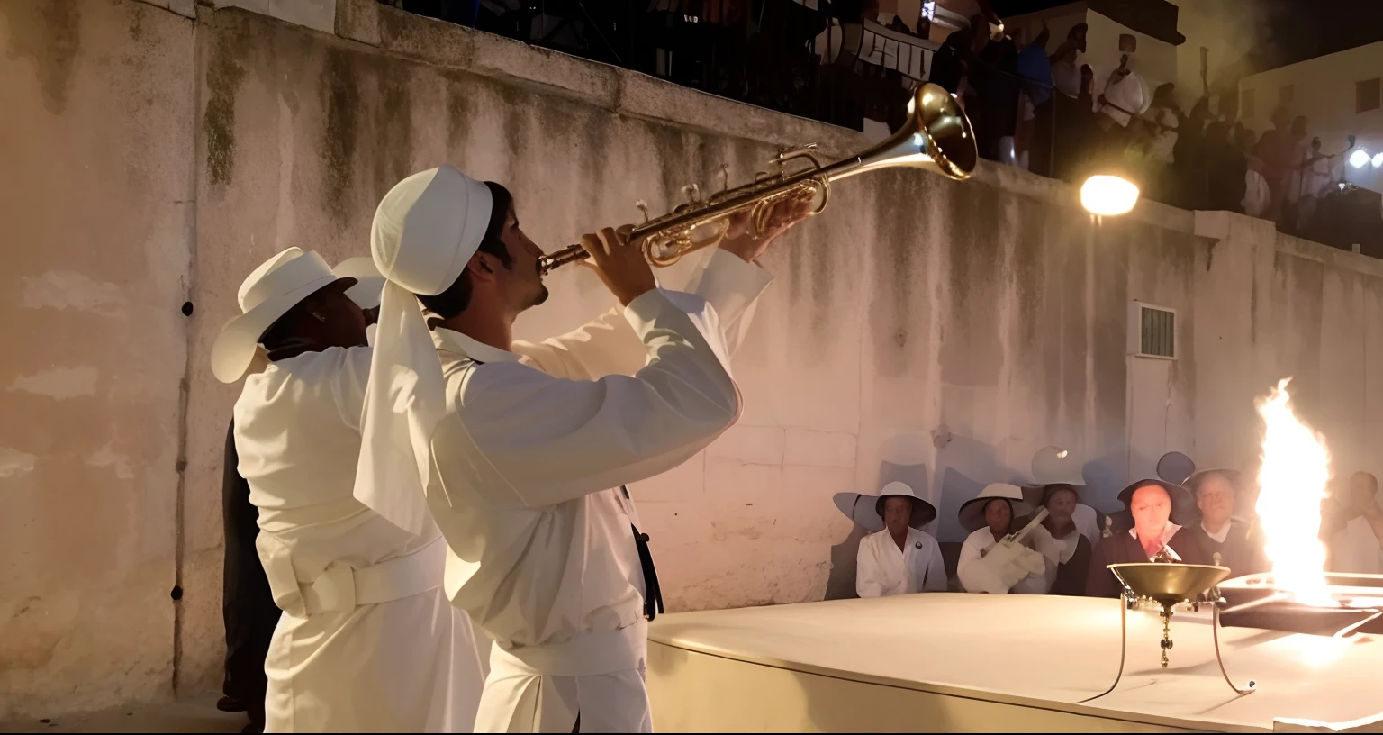 There's a man in a white lab coat playing the trumpet, atuando para soldados mortos, traditional corsican, uma linda, blessing the soil at night, musician, taken in the night, com grandes tubos dourados, Executar, uma bela, trombeta, durante a noite, Tuba Cavaleiro, live performance, instrumento, music being played, banda tocando, sousaphones reais