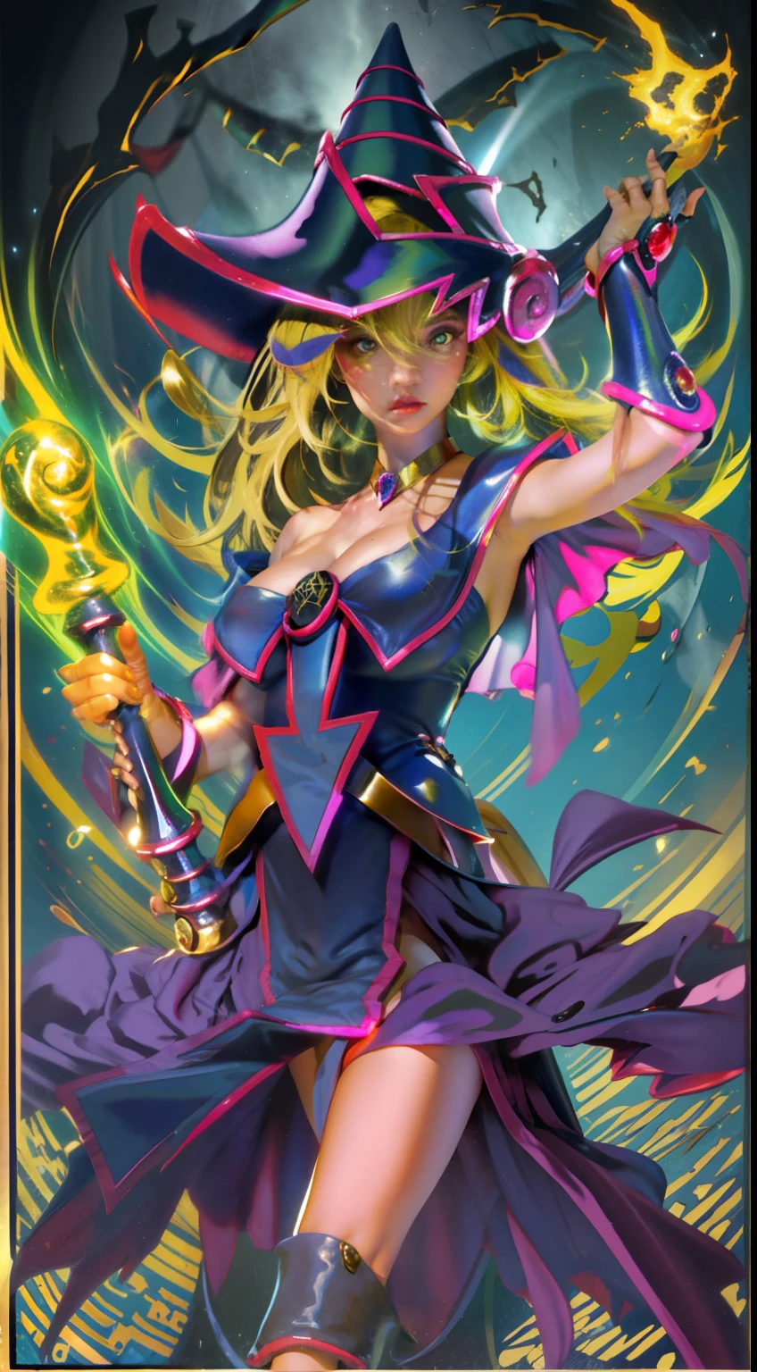 Dark magician girl:1 cara hermosa, Horror de Eldritch, Demonio de fuego femenino, cuerpo completo, Pintura a todo color, grandes ojos reflectantes, Obra maestra, Cara perfecta, Buen cuerpo, Cara hiper detallada, Cara perfecta, Cara perfecta, Central folding poster girl, Por Bernie Wrightson y Christos Achilleos y Thomas Cook; 64k. Dark magician girl