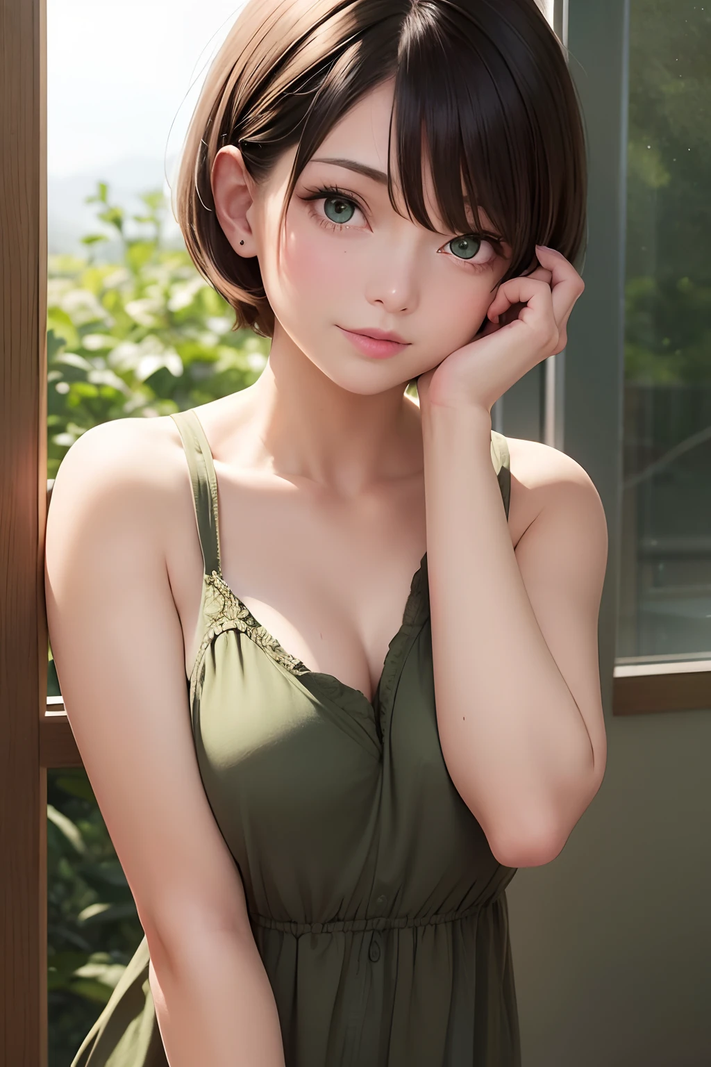 green eyes, 30 yo woman, cute, short hair, hand in face, braless