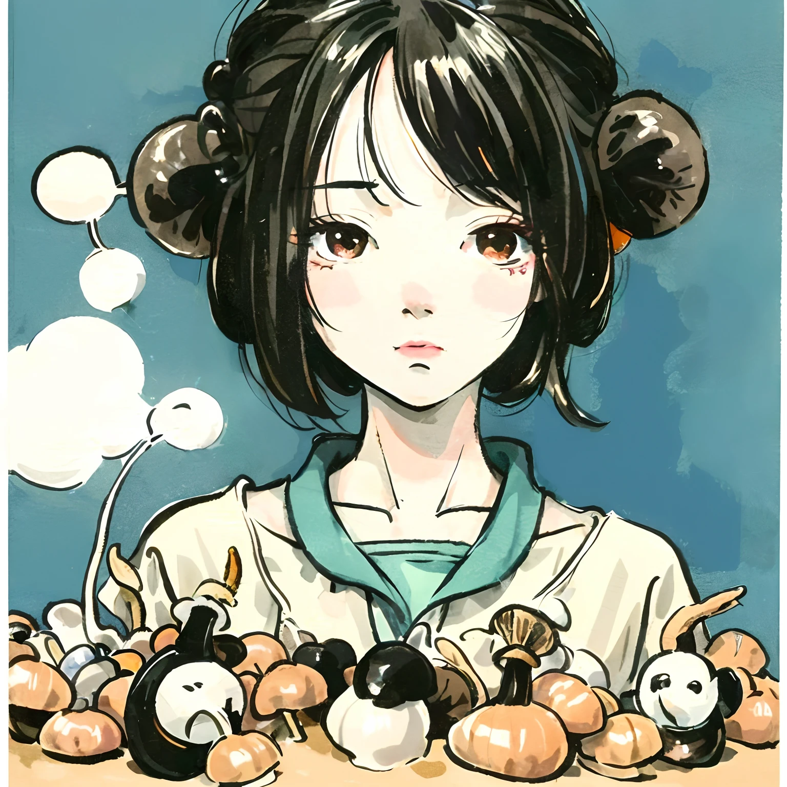 Close-up of a woman smoking a cigarette, Mushrooms grow from the head, by Shinoda Toko, satoshi kon artstyle, Satoshi Ima's style, Cute art style, lofi-girl, japanese illustrator, hand drawn cartoon art style, by Oka Yasutomo, cute artwork, anime style illustration, by Yamagata Hiro, by Yoshihiko Wada