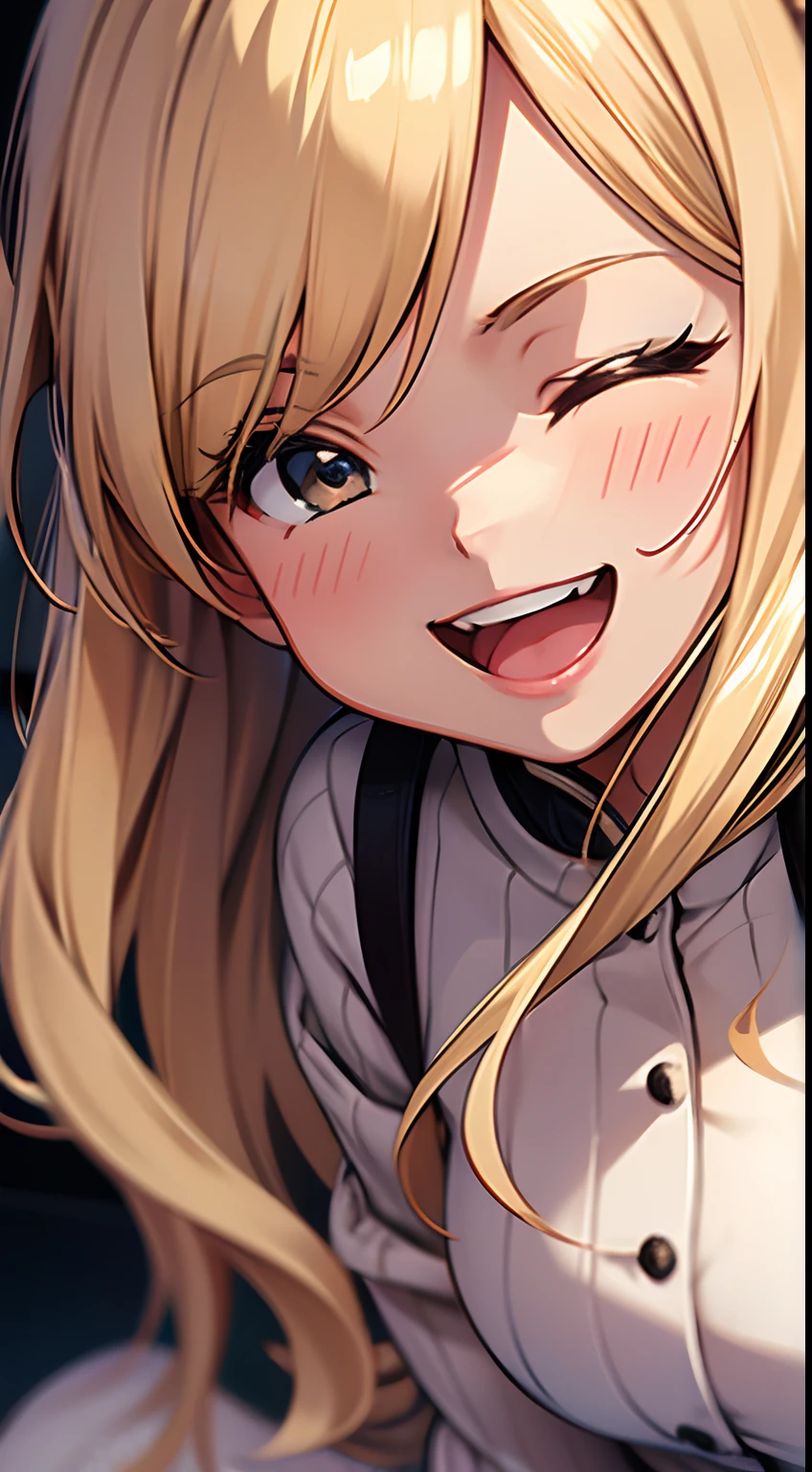 ((Miyuki)) blonde long hair, cute girl, laughing, eyes close, white one piece dress, close up