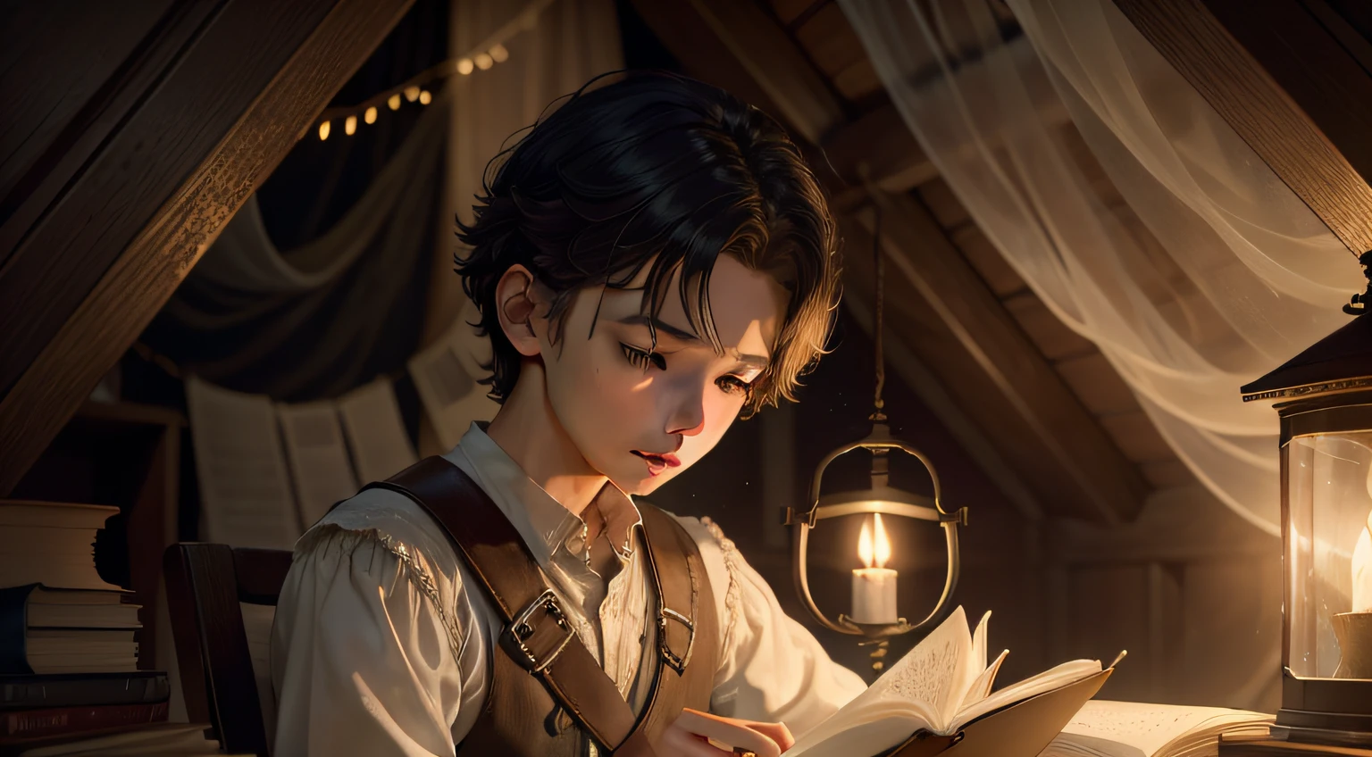 Young Elijah in his family's attic, iluminado pela luz fraca de uma lanterna, Motes of dust dancing in the air as he discovers the tattered diary among forgotten relics