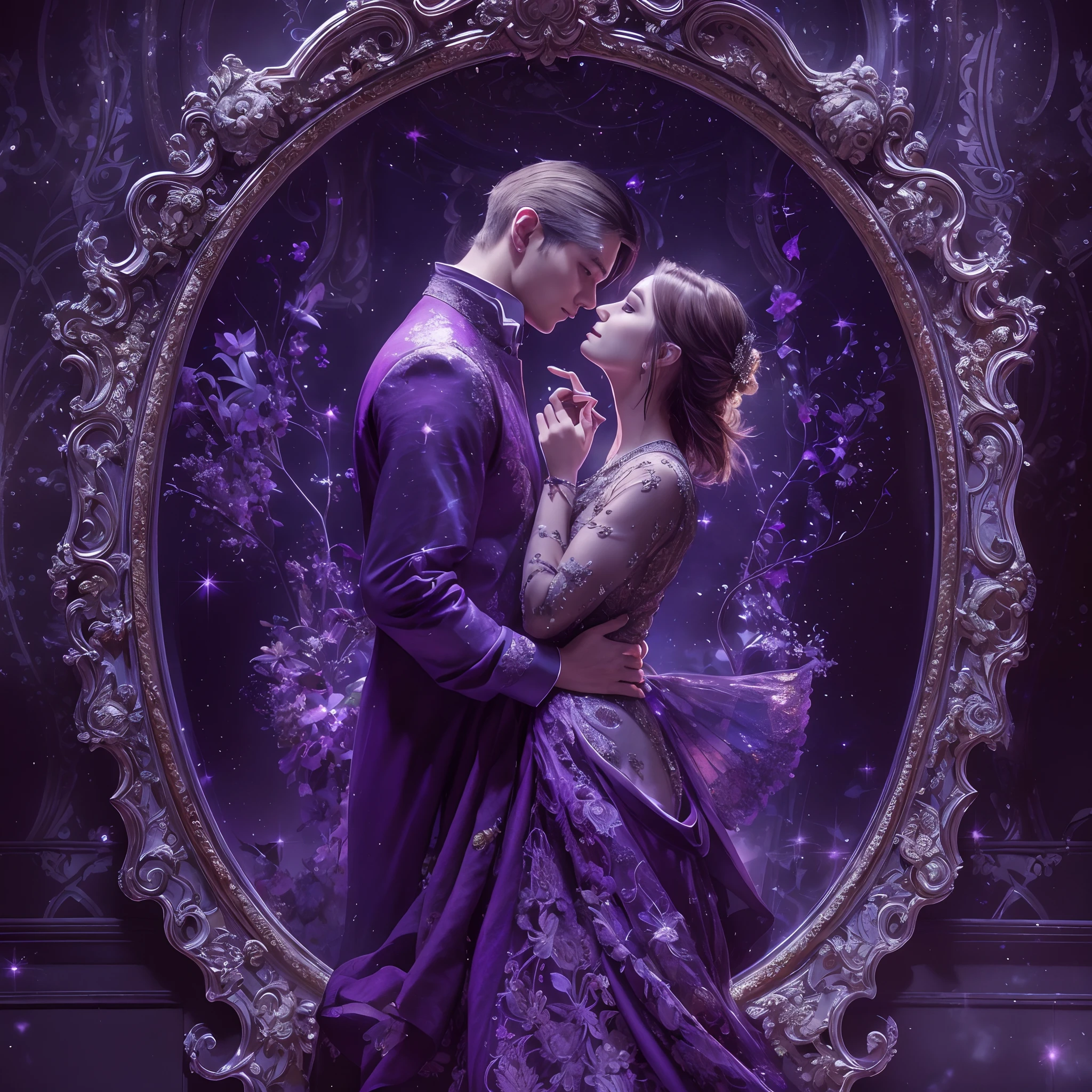 The world reflected in the mirror. A high-level masterpiece that no one has seen before. A large mirror decorated with mysterious amethyst. The mirror reflects a unique and beautiful world full of creativity. A beautiful man and woman stand in front of a mirror. romance art. Look at each other. Hug me. High contrast. Amethyst sparkles in purple. High resolution. delicate details. High quality, dynamic range and photorealism