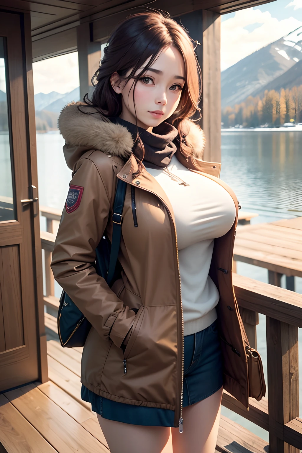 Make a woman with big breast, Brown long winterjacket , with open zipper, with face, body, Lakeside house, travel bag, dog Nude