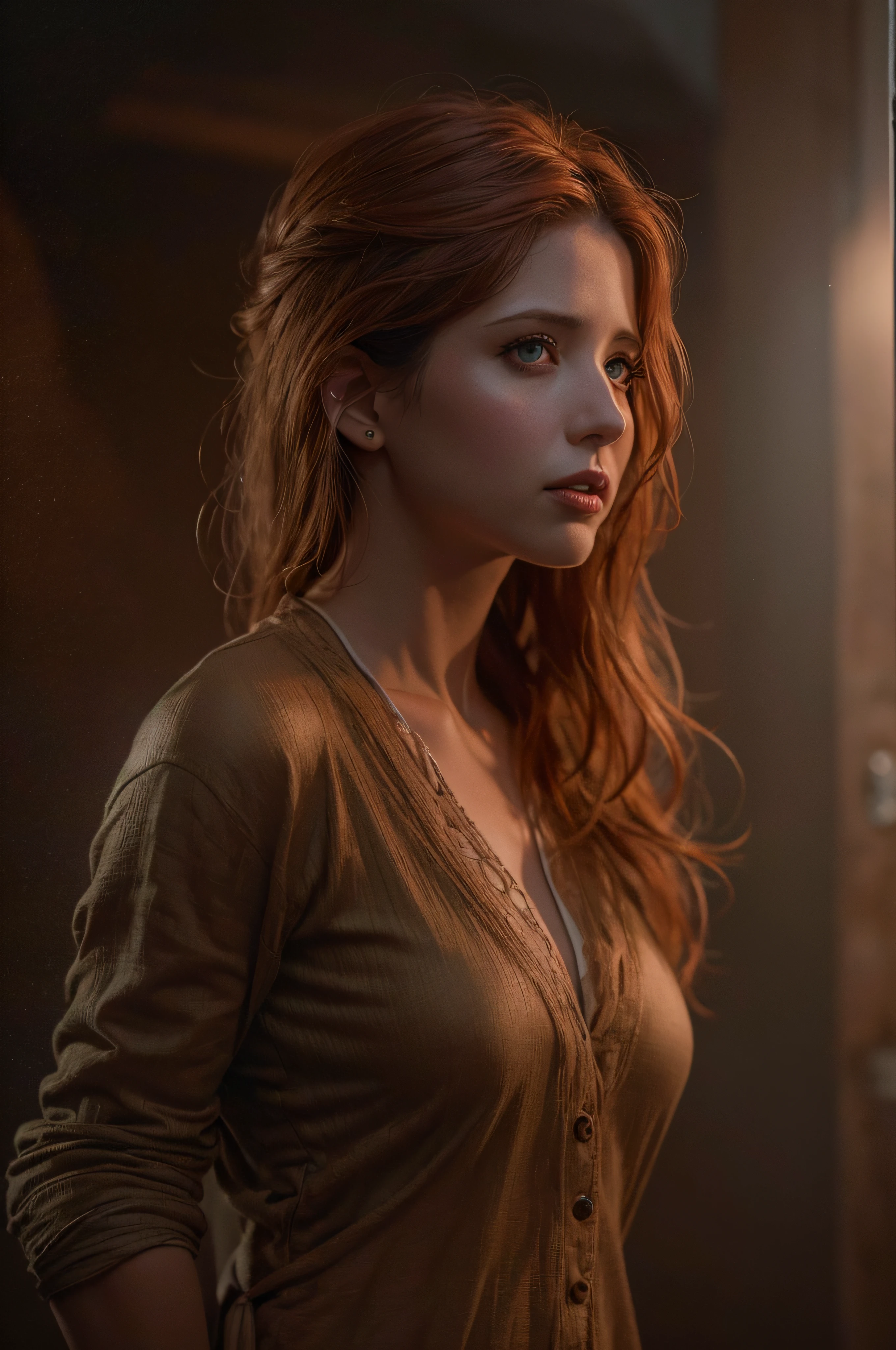 A full body photorealistic of a stunningly beautiful mid-brown fire-red-haired female supermodel lookalike of twenty-five-year-old Sarah Michelle Gellar, with a very seductive look and deep low cut clothes, light make-up, extremely detailed fire-red-eyes, detailed symmetric realistic face and body, extremely detailed natural texture, dramatic spooky lights and a mid-heavy mist, peach fuzz, windy messy hair, masterpiece, absurd res, award-winning photo by lee jeffries, Nikon d850 film stock photograph, Depth of field, camera af1. 6 lenses, extremely detailed, amazing, fine detail, rich colors, hyper-realistic lifelike texture, dramatic lighting, unreal engine, trending on artstation, cine still 800 tungsten, looking at the viewer, photo-realistic, RAW photo, TanvirTamim, high quality, high-res, sharp focus, extremely detailed, cinematic lighting, 8k UHD.