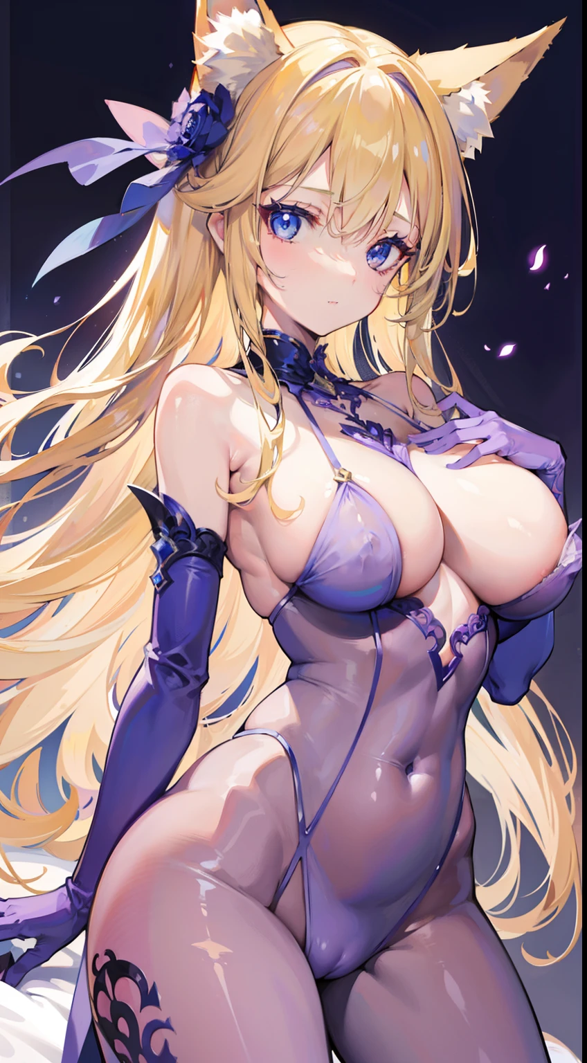 High quality, masterpiece, ultra-detailed, 1girl, purple transparent bodystocking, naked breasts, peaceful expression, long blonde hair, enchanting blue eyes, fox ears, ridiculously large breasts, grabbing own breast, bedroom