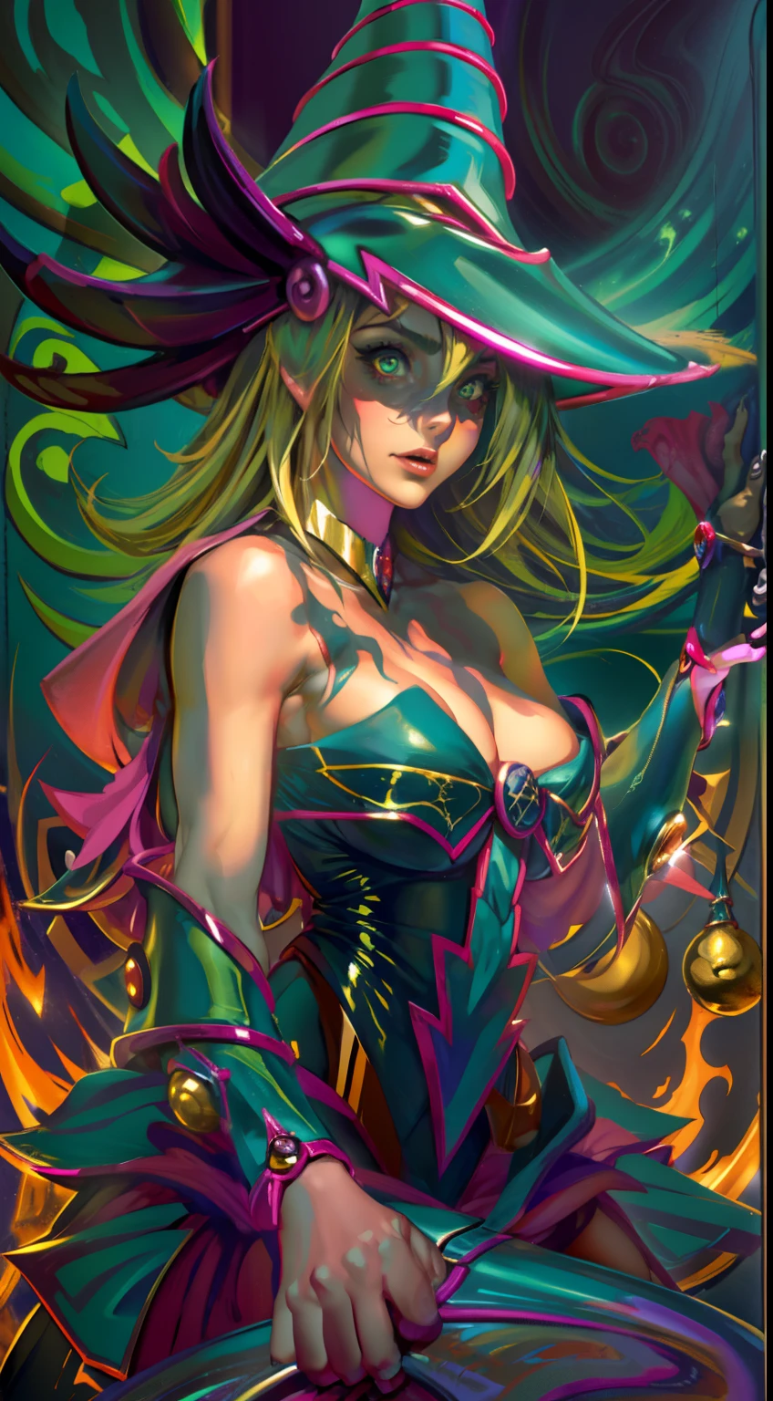 Dark magician girl:1 cara hermosa, Horror de Eldritch, Demonio de fuego femenino, cuerpo completo, Pintura a todo color, grandes ojos reflectantes, Obra maestra, Cara perfecta, Buen cuerpo, Cara hiper detallada, Cara perfecta, Cara perfecta, Central folding poster girl, Por Bernie Wrightson y Christos Achilleos y Thomas Cook; 64k. Dark magician girl