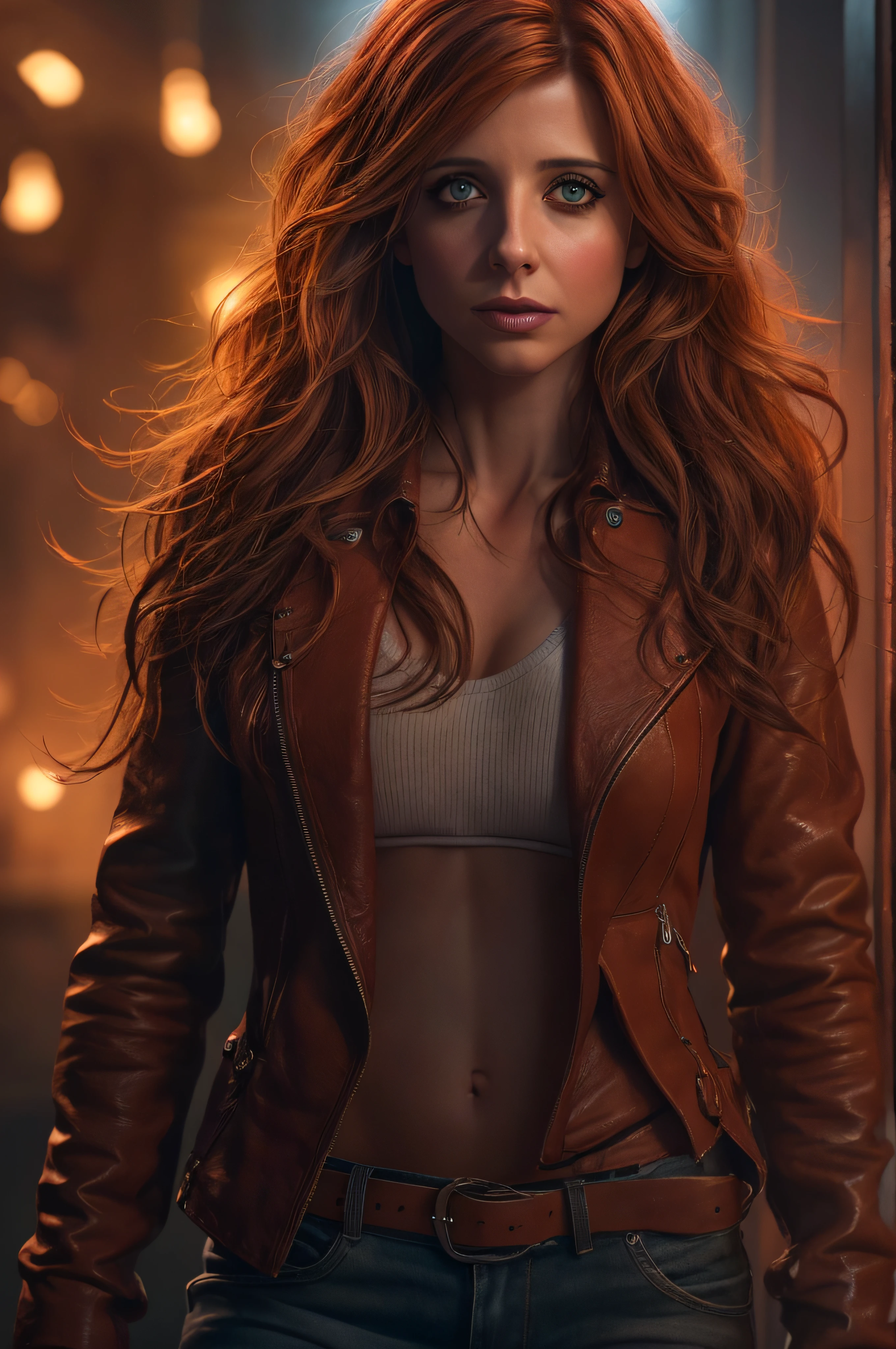 A full body photorealistic of a stunningly beautiful mid-brown med-red-haired female supermodel lookalike of twenty-five-year-old Sarah Michelle Gellar, with a very seductive look and deep low clothes, light make-up, extremely detailed fire-red-eyes, detailed symmetric realistic face and body, extremely detailed natural texture, dramatic spooky lights and a mid-heavy mist, peach fuzz, windy messy hair, masterpiece, absurd res, award-winning photo by lee jeffries, Nikon d850 film stock photograph, Depth of field, camera af1. 6 lenses, extremely detailed, amazing, fine detail, rich colors, hyper-realistic lifelike texture, dramatic lighting, unreal engine, trending on artstation, cine still 800 tungsten, looking at the viewer, photo-realistic, RAW photo, TanvirTamim, high quality, high-res, sharp focus, extremely detailed, cinematic lighting, 8k UHD.