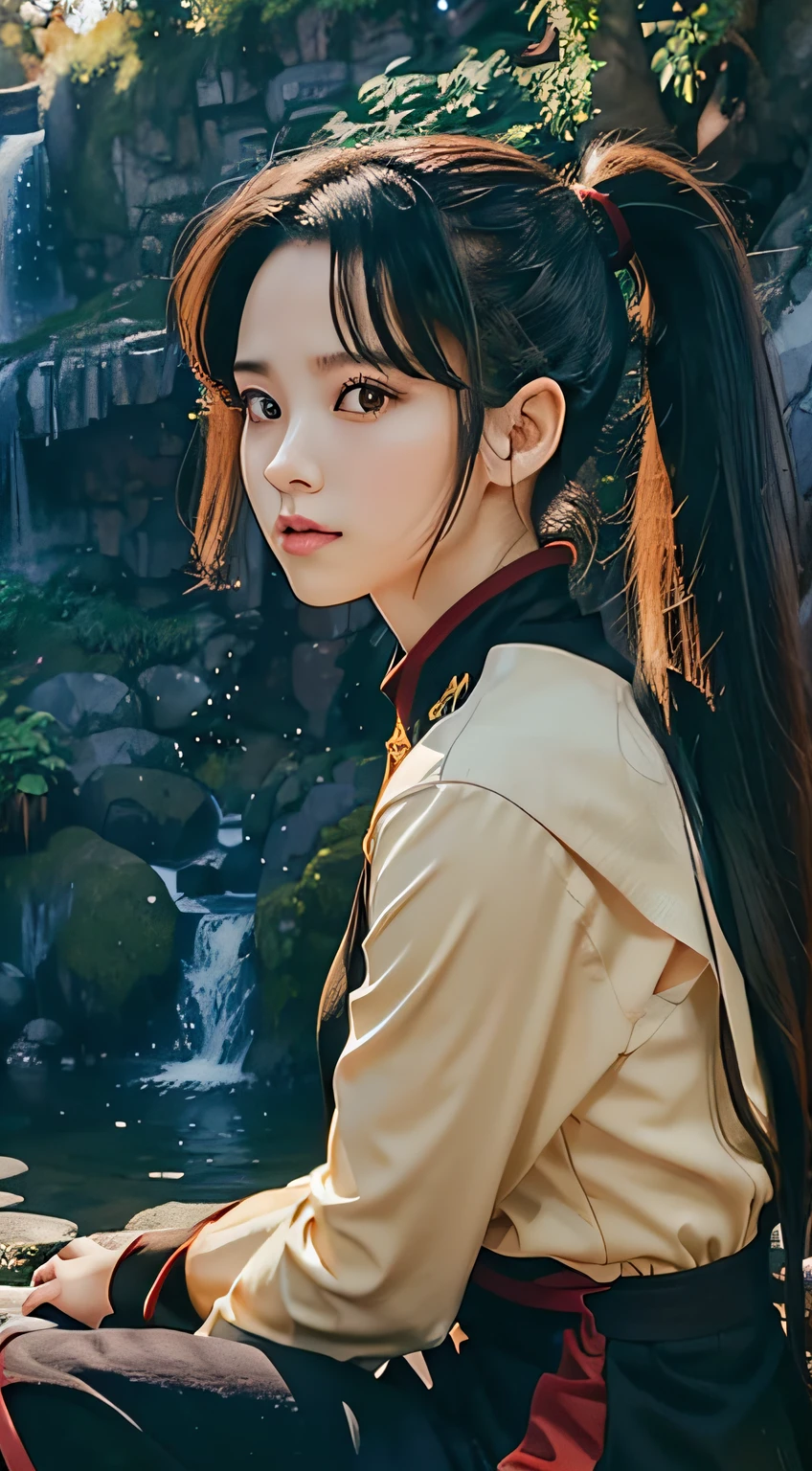 Masterpiece, beast quality, Sango, photorealistic, black hair, ponytail hair, makeup (hyperrealistic:1.2), perfect eyes, perfect face, perfect lighting, 1girl, outdoors, warm colors, sit, ((Waterfall background:1.1)) sunset, natural color, high contrast