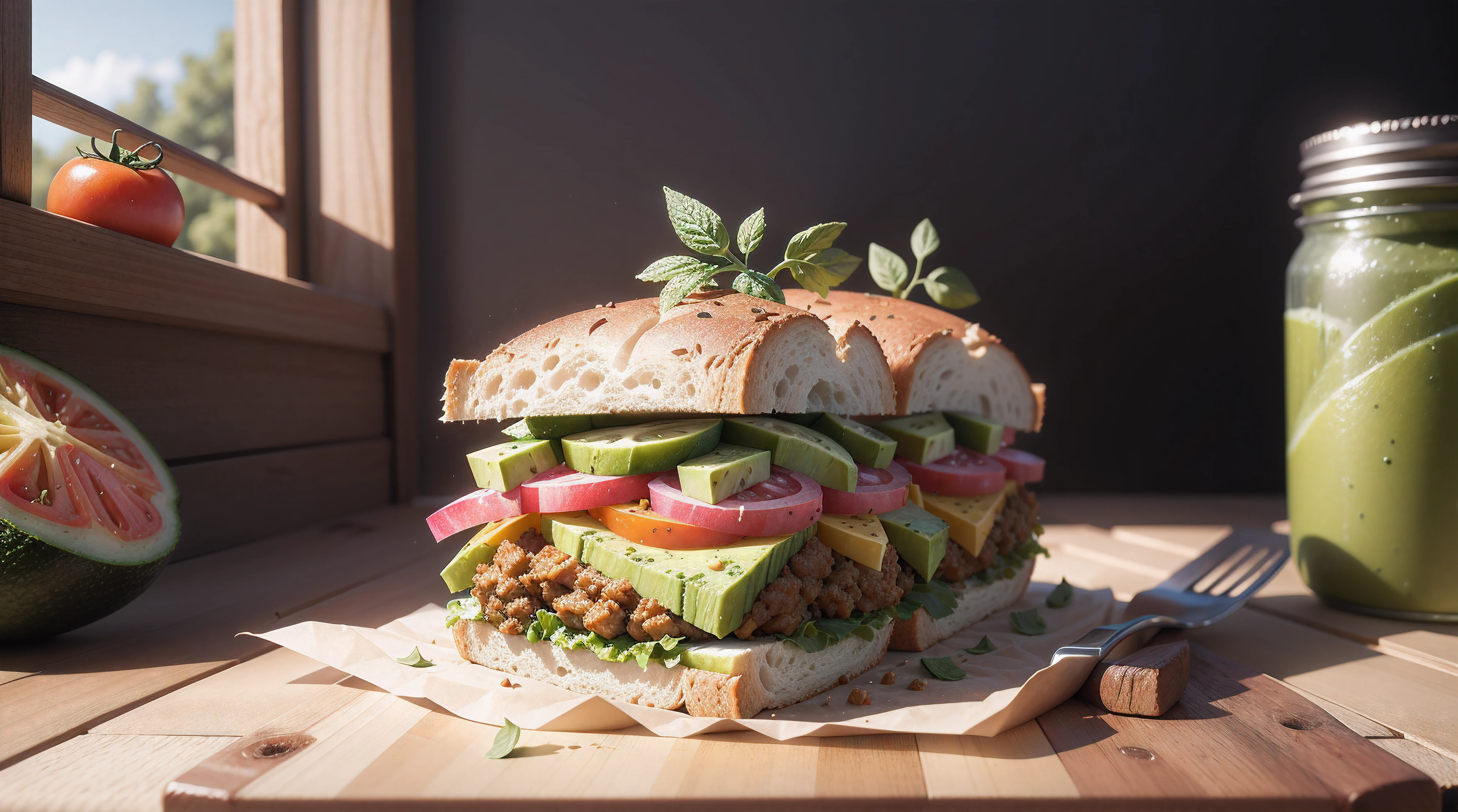 (suculento), (vegano), (texturas lindas), (cores vivas), (feeling of health), (cinematographic scene), (CG), (octane render), (ray tracing), (8k), (Graphic), Feel the freshness and juiciness in every pixel of this cinematic scene of a vegan vegetable sandwich. The sandwich rests on a wooden table, suas texturas lindas e cores vivas parecem saltar da tela. The lighting, Thanks to ray tracing and Octane Render, acentua cada detalhe, making the sandwich the epitome of the healthy and juicy. Cada folha de alface, Every slice of tomato and every piece of avocado are represented in glorious 8K resolution, Creating a graphic that overflows with health and appetite.