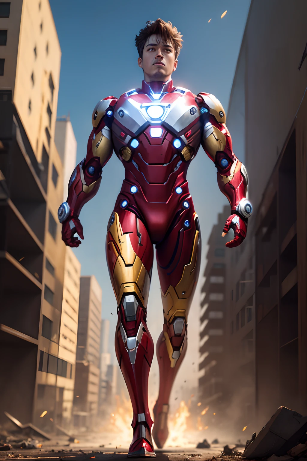 Ironman super hero full body, bright silver, red and gold colors, slightly levitating in a destroyed city