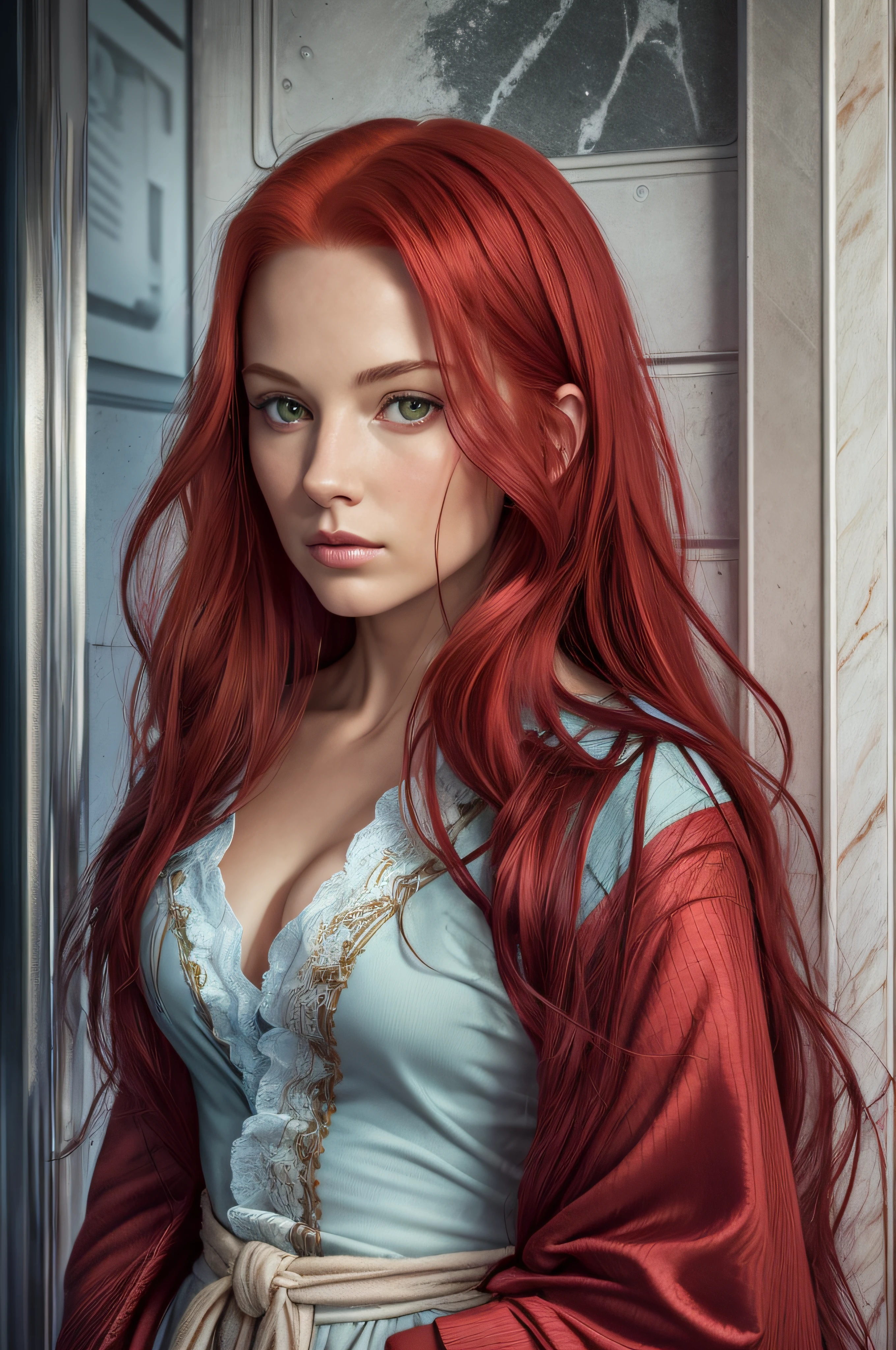 A portrait of a -thousand-year-old immortal beautiful long-red-haired woman in a futuristic loose open bathrobe.