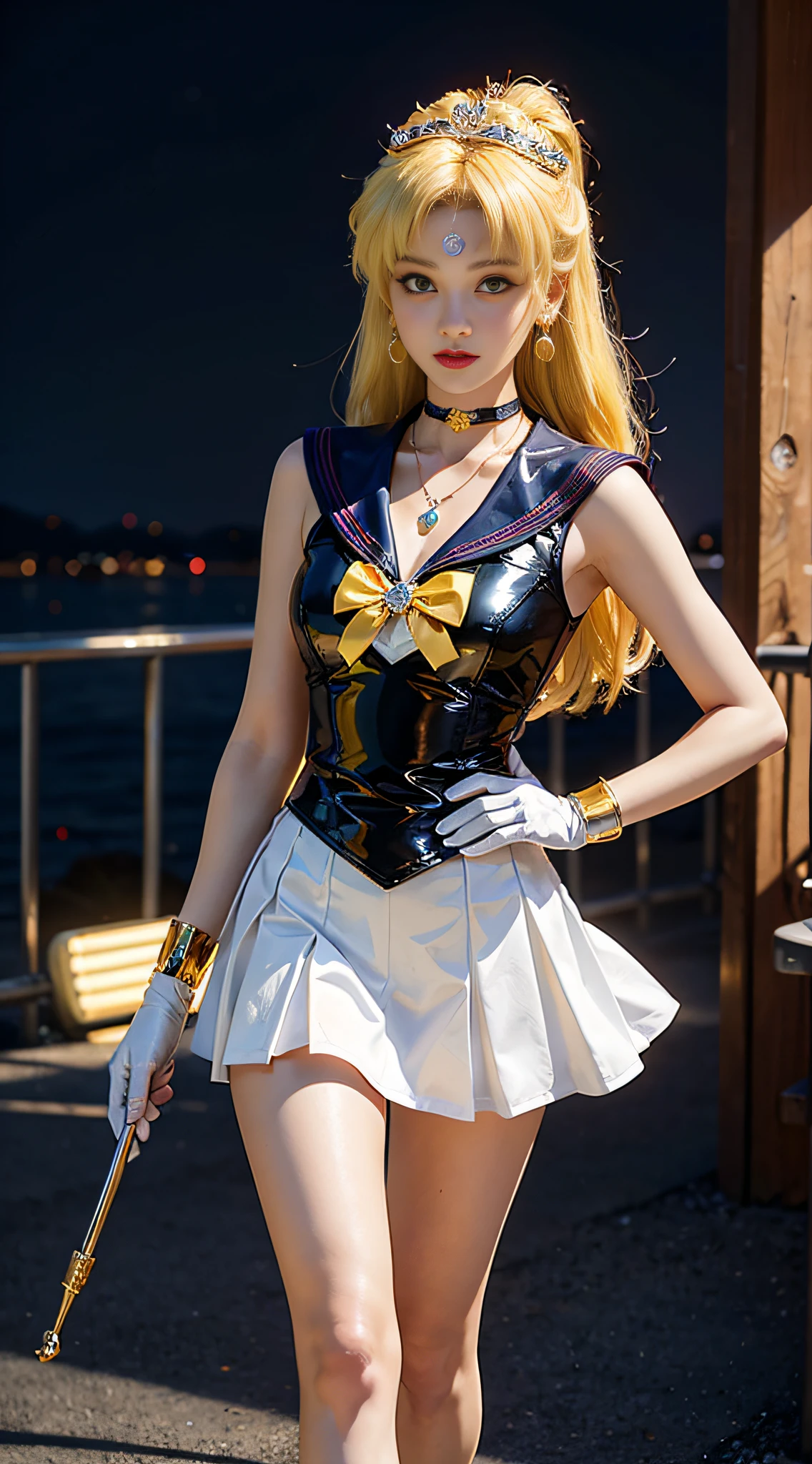 ((masterpiece:1.4)、(top-quality:1.4)、(reallistic:1.7))、masuter piece:1.4、a beauty girl、(Sailor Moon:1.4)、Tsukino Usagi、Body Fit Sexy Sailor Senshi Uniform、(latex shiny)、(The jacket is a white sleeveless sailor suit)、(Skirt is blue sexy ultra ultra mini skirt)、The collar of the sailor suit is blue with two thin lines.、high leg swimsuit、Red cloth ornament at chest、(Wearing white gloves)、Kawaii Girl、Super beauty、foco nítido、Portrait photos、Upper body photography:1.4、beautiful countenance、beautidful eyes、Narrow waist、(Yellow hair:1.4)、(length hair:1.2)、Raw photo、red-lips、Red boots:1.4、a choker:1.4、a necklace:1.4、耳Nipple Ring:1.4、Luxurious golden tiara on forehead:1.4、1 screen display、The landscape is a futuristic city spaceport