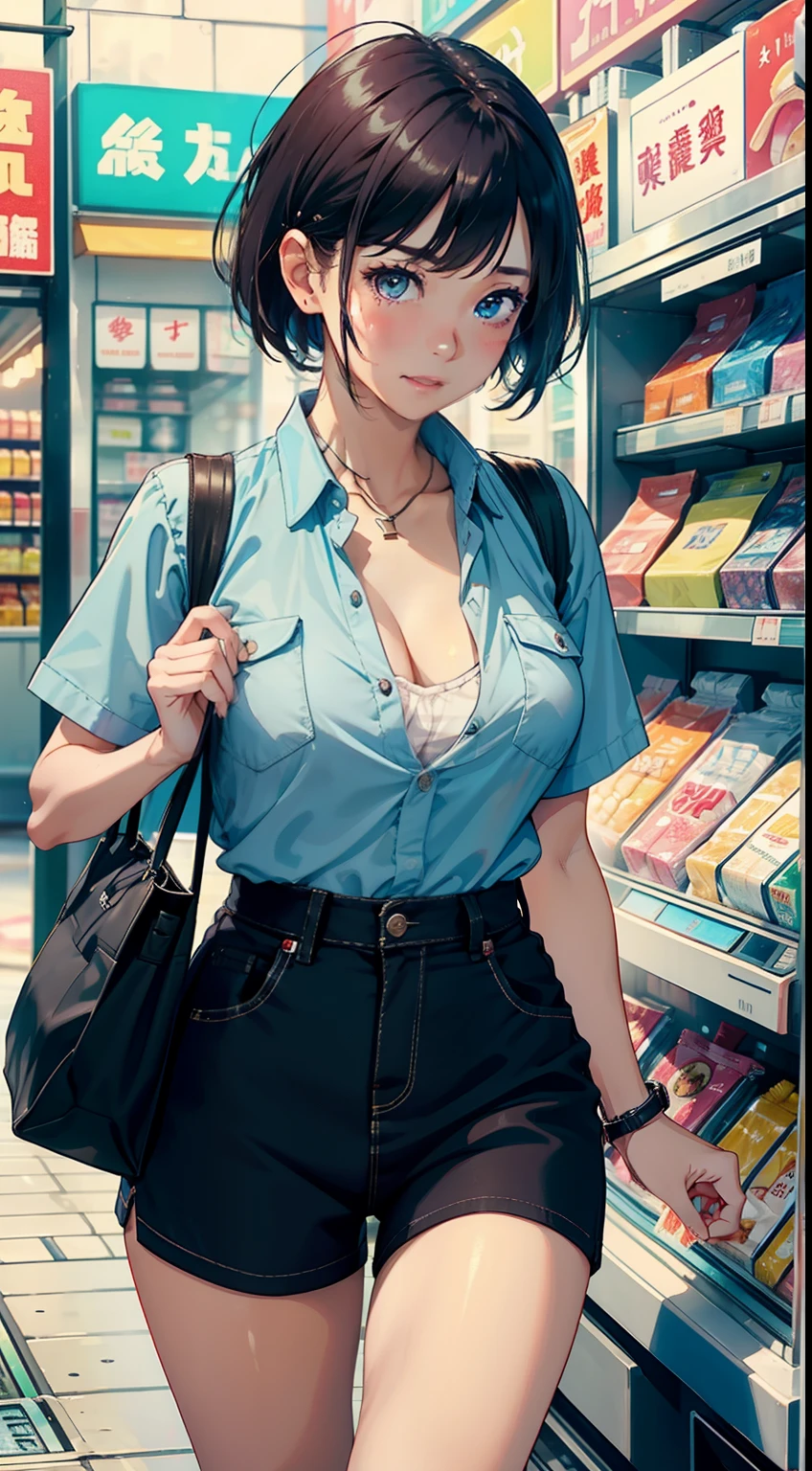 1 female cashier,Drinking water,Blushlush,laughingly,Odd representation,The fountain,Convenience store uniform,In clothing stores、short-hair、cleavage