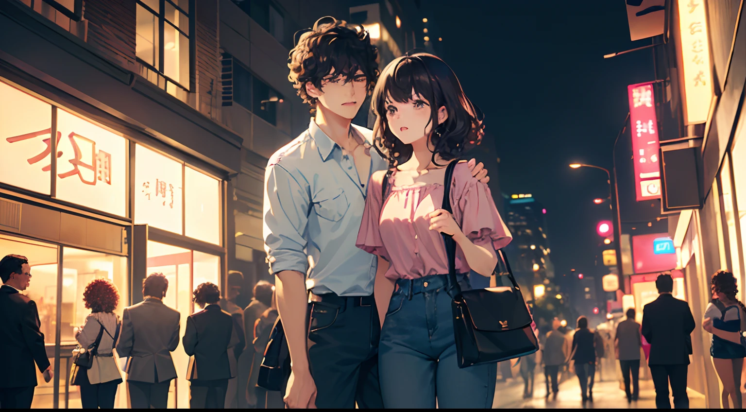 Man hugging woman、femele(A dark-haired、Braided hair、Loosely tied in two、Wearing a shoulder bag、Pink blouse、Wearing denim jeans、I'm surprised、with a flushed face、mouth is open)、male people(A dark-haired、short-haired、Curly hair、Wearing a suit)、background is city at night
