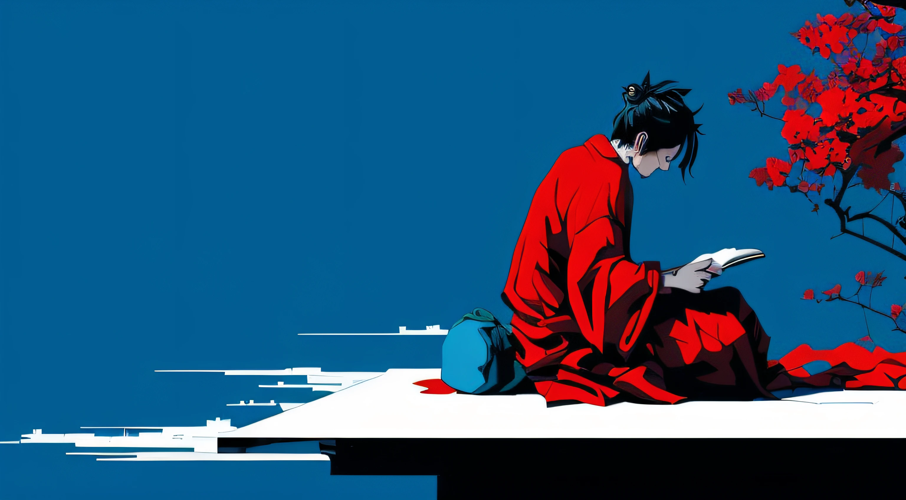 anime, a man in a red kimono sitting on a ledge reading a book, satoshi kon artstyle, style of satoshi kon, by Satoshi Kon, samurai champloo, satoshi kon anime, satoshi kon and moebius, akira art style, akira color palette, inspired by Satoshi Kon, akira style illustration, high contrast illustrations