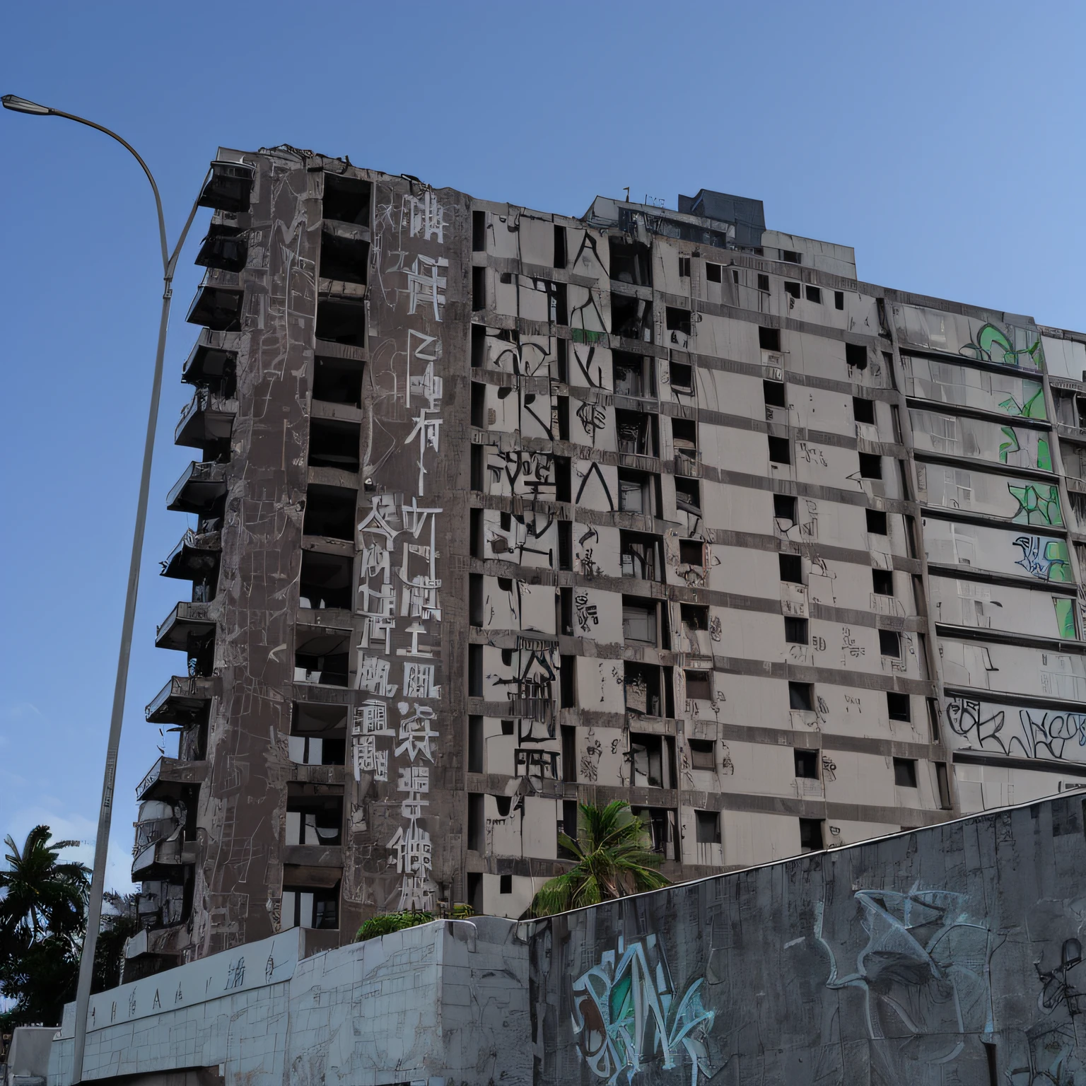 There is a tall building with lots of windows and graffiti, big poor building, Buildings covered in black tar, Tomado com Sony Alpha 9, full building, overlaid with chinese text, Tomado com uma Pentax K1000, building facing, the hard and strong buildings, Ilha Hashima, destroyed modern buildings, poor buildings mao drawn 4k