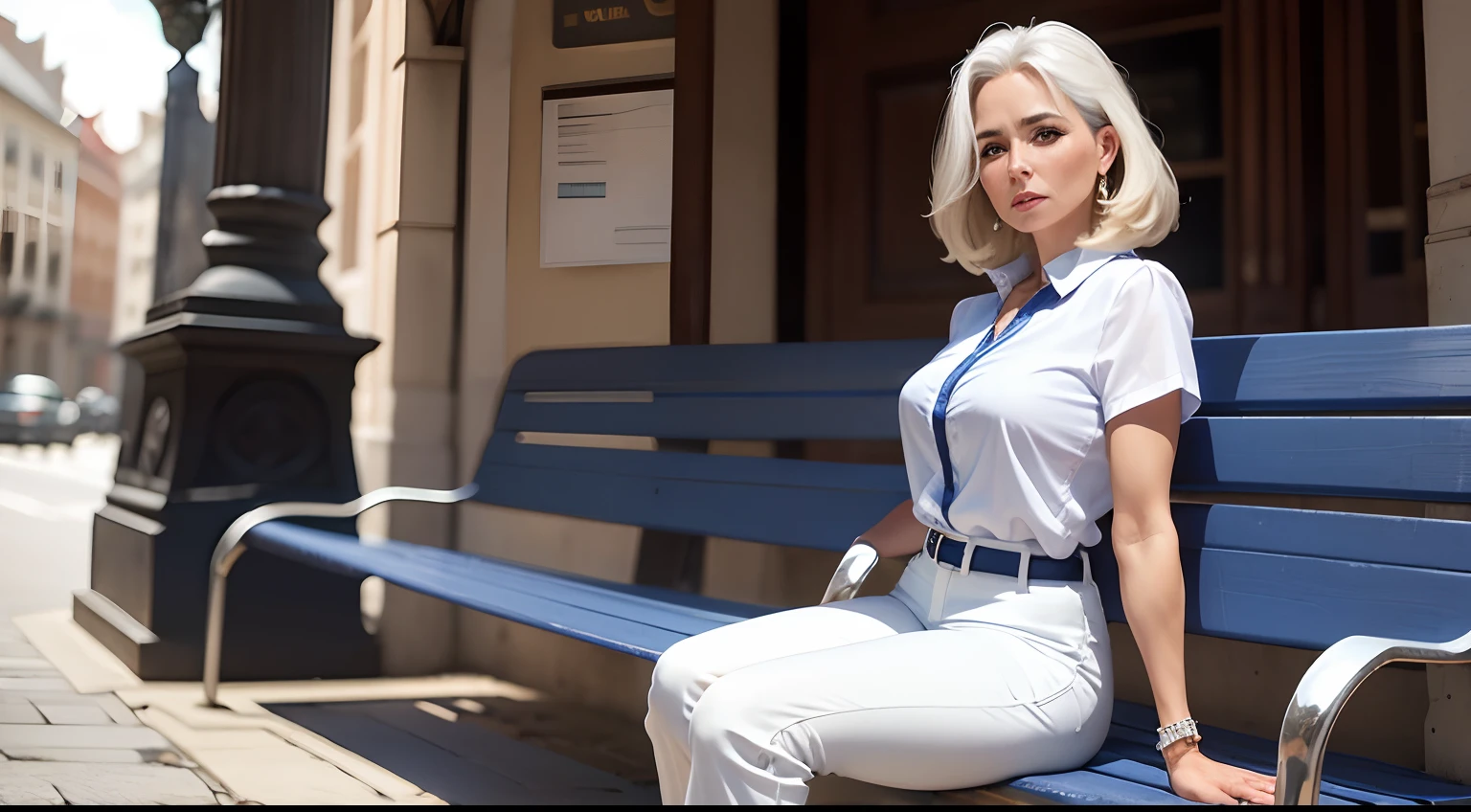 mulher de 43 anos, cabelos pretos encaracolados, rosto arredondado, olhos pretos, nariz fino, boca pequena e pele clara, with white blouse and navy blue pants, sitting on the bench in the square.