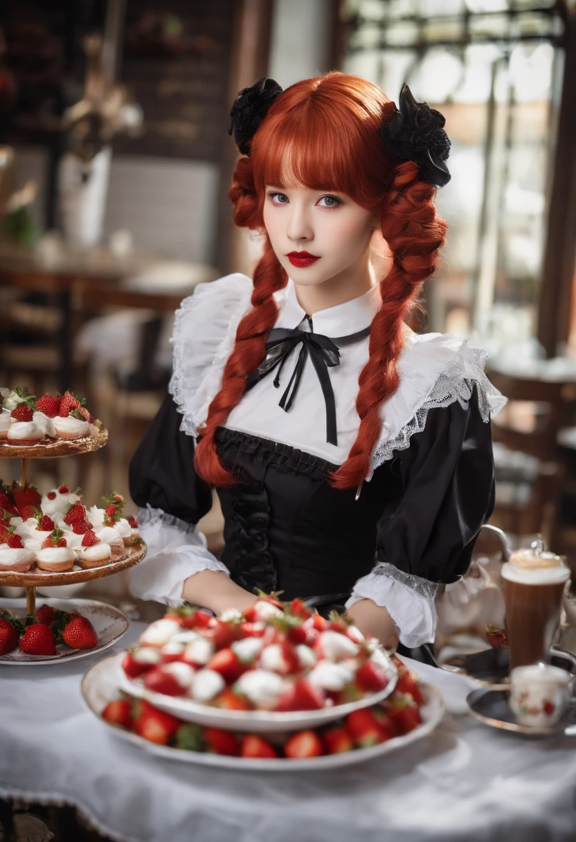 Promotional photo, the place is a coffee shop, 1 girl, -yeld fa waitress carrying cake to the table, red-haired twin tails, gentle face, half costume of gothic lolita and maid costume with the image of strawberries, clothes based on white,