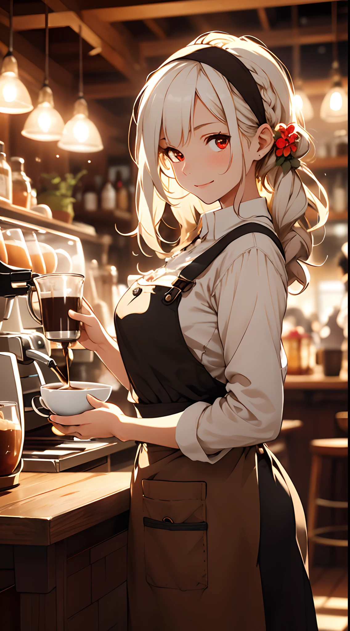 (masterpiece), best quality,  a girl working on a  coffe shop, she she is making coffe in a machine, making coffe, perfect face, expressive eyes, brown apron, coffe shop from inside, tied hair,red eyes, cute girl, cozy, (night), realistic, 4k, intricate, detailed, vase flower, cozy lights, perfect lighting, traced light, warm colors, chairs an tables, everyday life, modern, elegant, (relaxing atmosphere), peaceful, aromatic,happy,happyness, (white hair), white shirt, bartender, soft, brown hairband, humble,delicate, gentle, night, contrast, vivid colors, bokeh, (perfect coffe machine), espresso, (soft), glow, glowing eyes

BREAK she is making coffe, there is a table on the left side with cups, there is a coffe machine in the table, steam is lefting the cup, delicious coffe
, Cmyth,