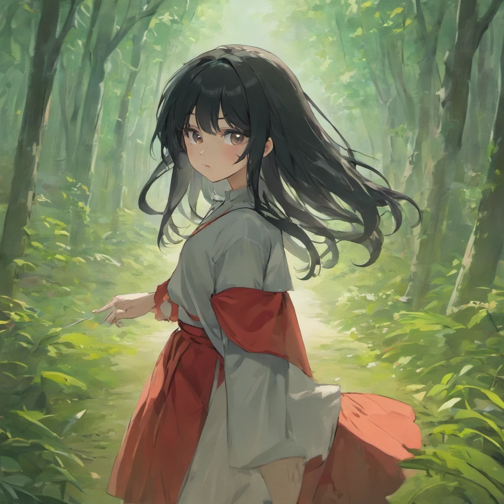 1girl, long black hair, gray eyes, wearing plain white shirt, red skirt, forest, absurdres, high res, ultrasharp, 8K, masterpiece, looking at viewer
