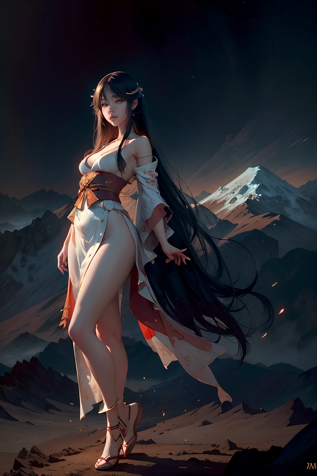 prompt: beautiful young Japanese woman, standing on Mount Olympus-Mons on Mars, detailed eyes, detailed lips, detailed face, long eyelashes, flowing black hair, traditional kimono, elegant full body posture, breathtaking view, Martian atmosphere, vibrant colors, beautiful lighting, realistic depiction, oil painting style, high resolution, 4k image, crisp details, vivid colors, fine brushstrokes, delicate textures, ethereal beauty.