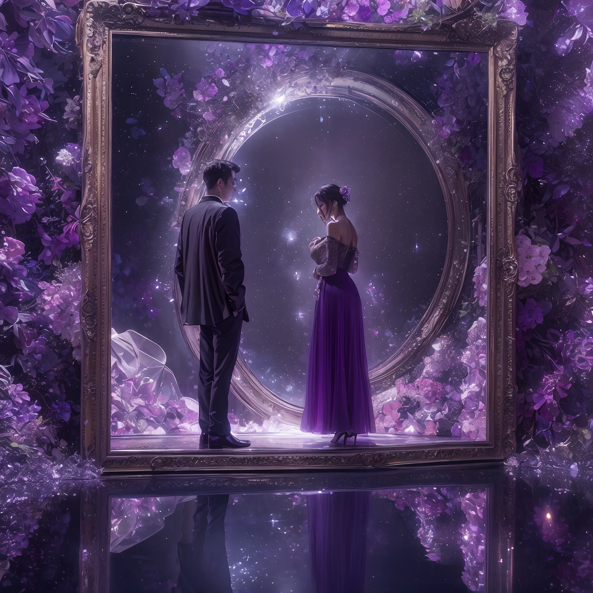 The world reflected in the mirror. A high-level masterpiece that no one has seen before. A large mirror decorated with mysterious amethyst. The mirror reflects a unique and beautiful world full of creativity. A beautiful man and woman stand in front of a mirror. romance art. Look at each other. Hug me. High contrast. Amethyst sparkles in purple. High resolution. delicate details. High quality, dynamic range and photorealism