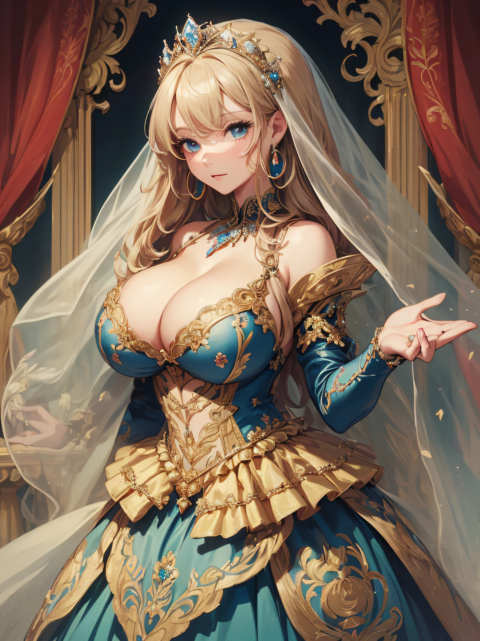 ((anime artstyle)),(Masterpiece),(Best Quality), (Super Detail),((Very Delicate and Beautiful)),cinematic lighting,1 lady,((full body portrait)),((solo)),digital art,(((1 princess in beautiful embroidery and jeweled gorgeous princess rococo ballgown with voluminous full length hoop skirt))),crinoline,long train,((beautiful embroidery and jeweled)),voluminous frills,See-through,(gorgeous embroidery and beautiful lace),(((gigantic tits,skindentation,gigantic cleavage breasts))),cleavage,((large amount of straight hair,extremely voluminous Hair,Very Long Straight Hair)),((finely detailed face and eyes)),clear pupil,extremely gorgeousfull hair ornament,(bling-bling jeweled extremely gorgeousfull tiara),(bling-bling gorgeous gemstone jewelry),long veil,(beautiful background),(full body),((gorgeous princess rococo ballgown with voluminous full length hoop skirt))