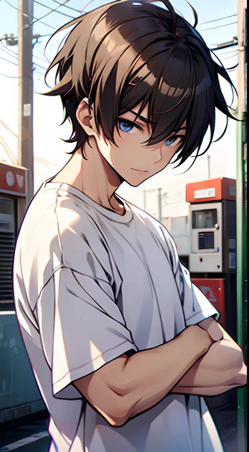 ((Satoshi)) brown short hair, guy, white t-shirt, station