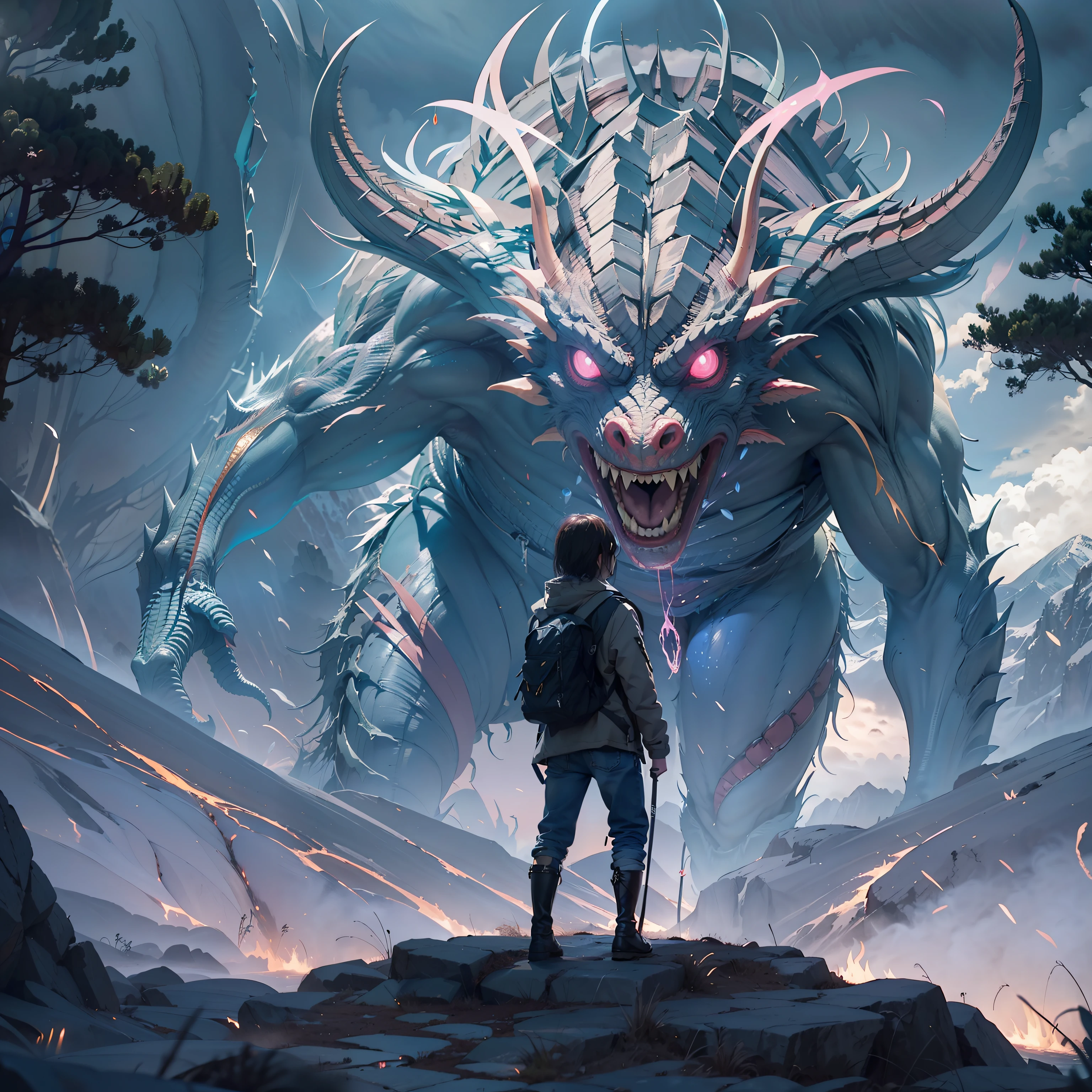 A very detailed highlight painting，Depicts a man on a mountain looking at a giant alien monster，author: Makoto Shinkai，Written by Artgerm，Author wlop，Written by Greg Rutkowski，Volumetriclighting，rendering by octane，4K 分辨率，ArtStation Trends，tmasterpiece，visions，Look up(2:3)，mizore，{Big mountain in the background}，the trees，Highlight the monsters。