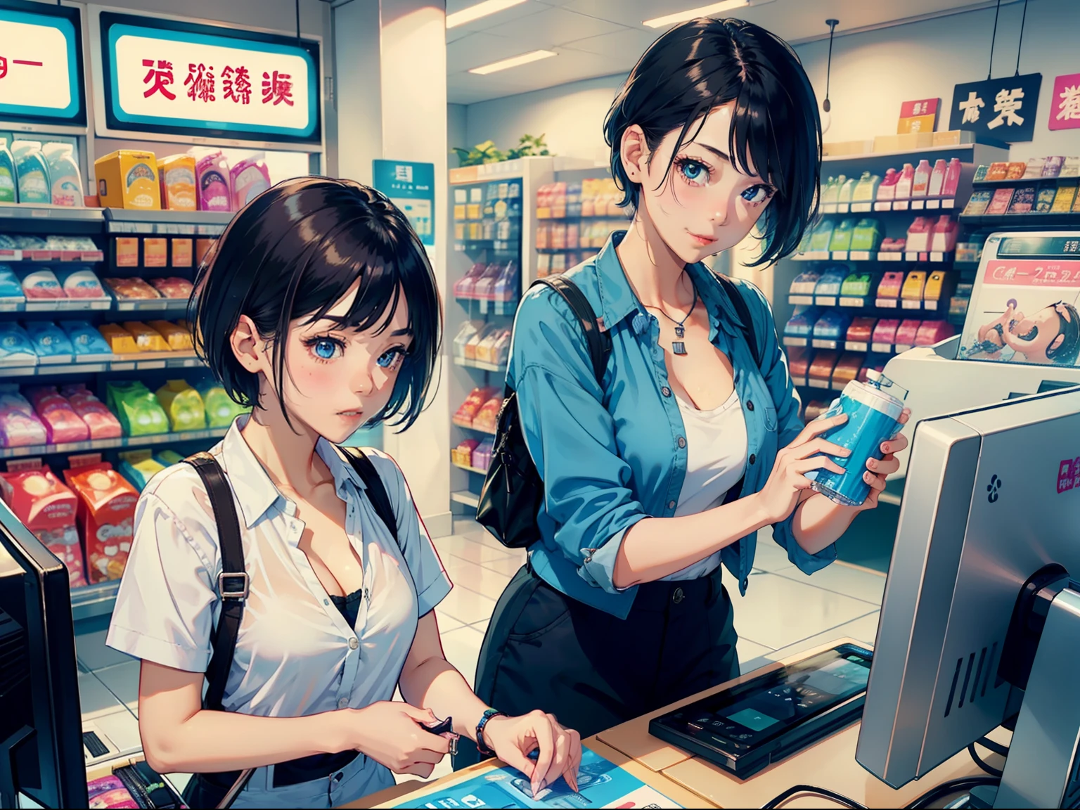 1 female cashier，Drinking water，Blushlush，laughingly，Odd representation，The fountain，Convenience store uniform，In clothing stores、short-hair、cleavage、Have a smartphone、cash register
