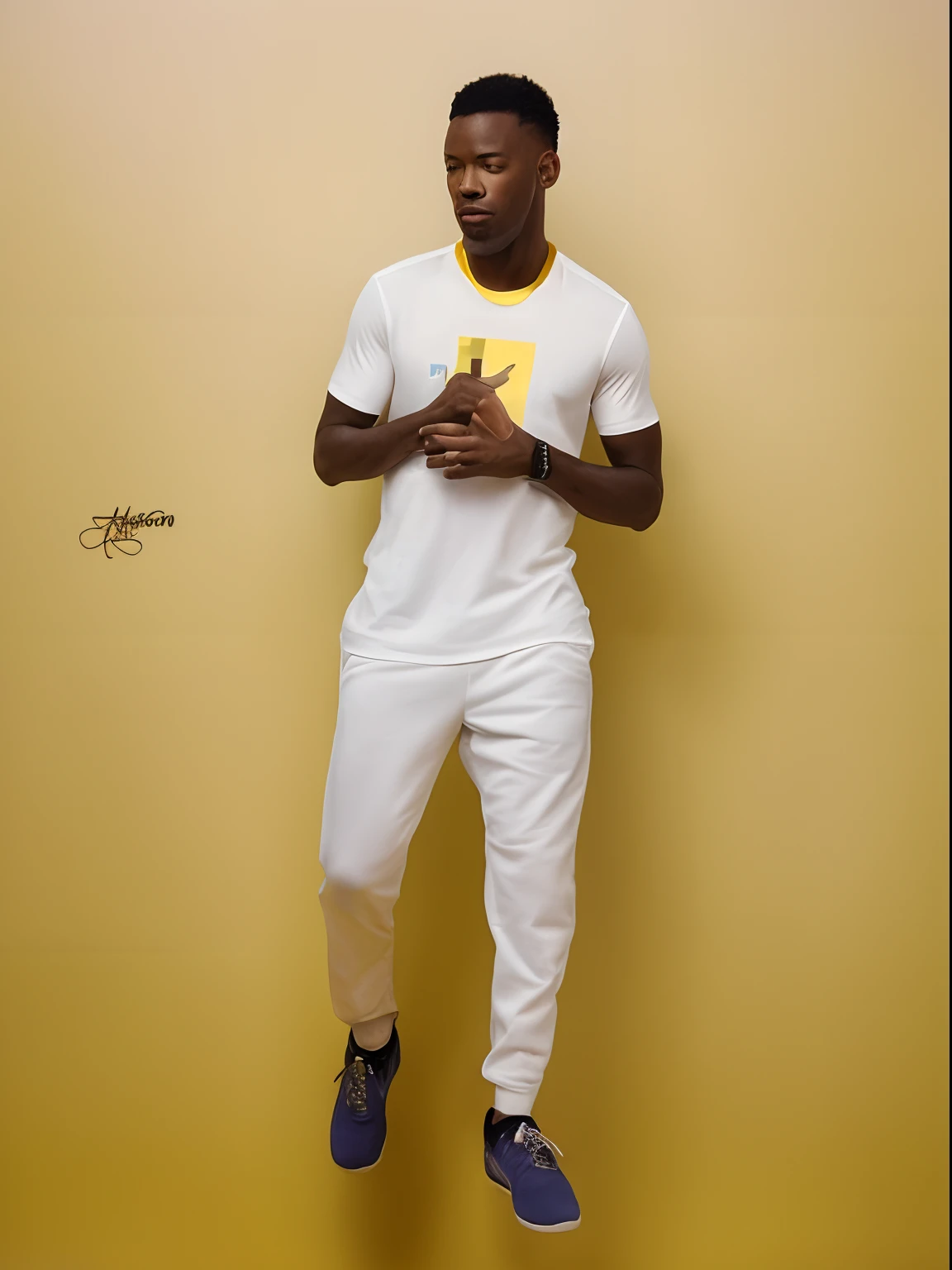 Il y a un homme debout devant un mur jaune, Image du corps entier, Salut Mark ( Akwaaba Tommy ), ((saturated)), "white background"!!!, made with photoshop, fond blanc!!!!!!!!!!, digital art!!, Style artistique propre, Edited in Photoshop, Dans le style de Davey Adesida, casual pose, very very low quality picture