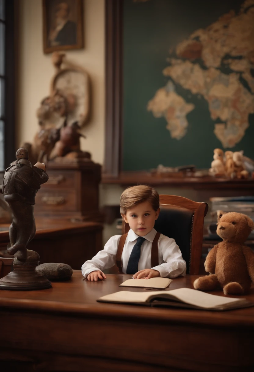 Imagine a scene where an 8-year-old is sitting at a classic office desk, with a blackboard behind, performing an imaginary meeting with stuffed dolls or toys, showing incredible leadership and communication skills.
