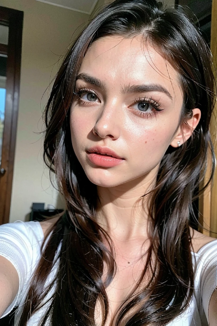 Chica sexy con ojos azules, Retrato Sophie Mudd, brown hair and large eyes, selfie de una mujer joven, Camera eyes, Violeta Myers, sin maquillaje, Maquillaje natural, staring directly into camera, cara con artgram, maquillaje sutil, Gran foto de cuerpo entero, escote, senos grandes