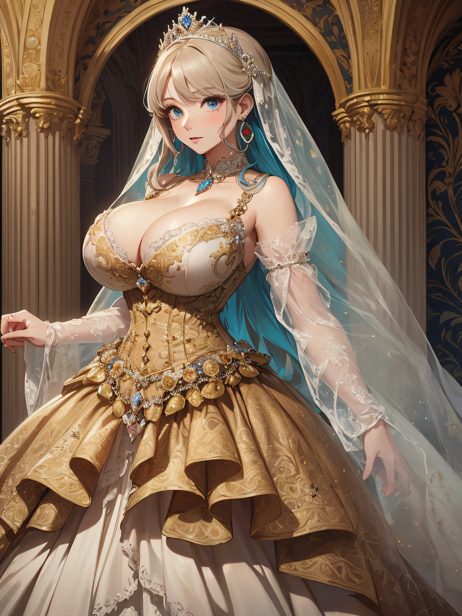 ((anime artstyle)),(Masterpiece),(Best Quality), (Super Detail),((Very Delicate and Beautiful)),cinematic lighting,1 lady,((full body portrait)),((solo)),digital art,(((1 princess in beautiful embroidery and jeweled gorgeous princess rococo ballgown with voluminous full length hoop skirt))),crinoline,long train,((beautiful embroidery and jeweled)),voluminous frills,See-through,(gorgeous embroidery and beautiful lace),(((gigantic tits,skindentation,gigantic cleavage breasts))),cleavage,((large amount of straight hair,extremely voluminous Hair,Very Long Straight Hair)),((finely detailed face and eyes)),clear pupil,extremely gorgeousfull hair ornament,(bling-bling jeweled extremely gorgeousfull tiara),(bling-bling gorgeous gemstone jewelry),long veil,(beautiful background),(full body),((gorgeous princess rococo ballgown with voluminous full length hoop skirt))