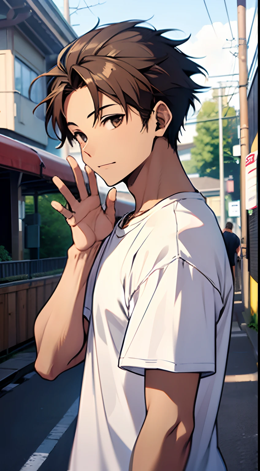 cool,,,,Refreshing athletic guy,,,boy,charm,Action,Vibrancy,Japanese high school student style,Magazine talent style,clavicle,thin limbs,Male Focus,main character,Buddy,Gentle Breeze,Dust,Natural light,Big white shirt,face,hand,eye,Her personality is pure and cute