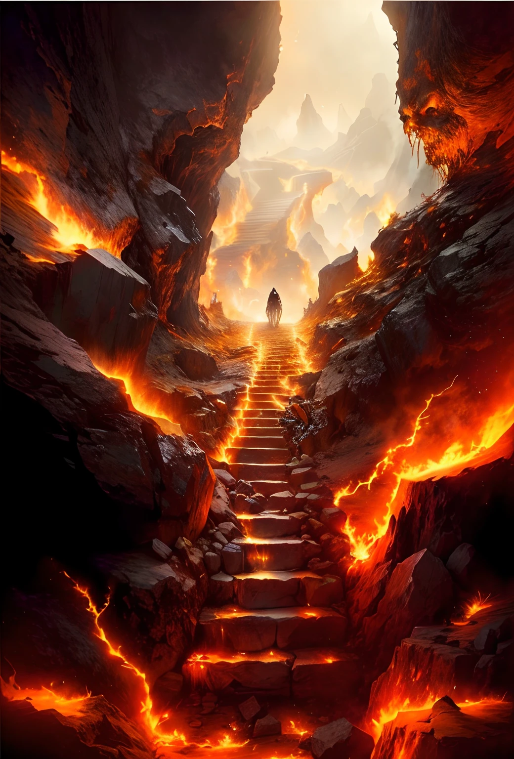 A man walks up the stairs in a cave, stairs from hell to heaven, Hellscape, Travel through hell, portal to hell, Out of the flames, portal to hell, stairway to heaven, portal to hell, Surreal hell, portal to hell, Stand in hell, iintricate、Epic composition, amazingly epic visuals, Hell background，skelleton，Skeleton falls apart on the road
