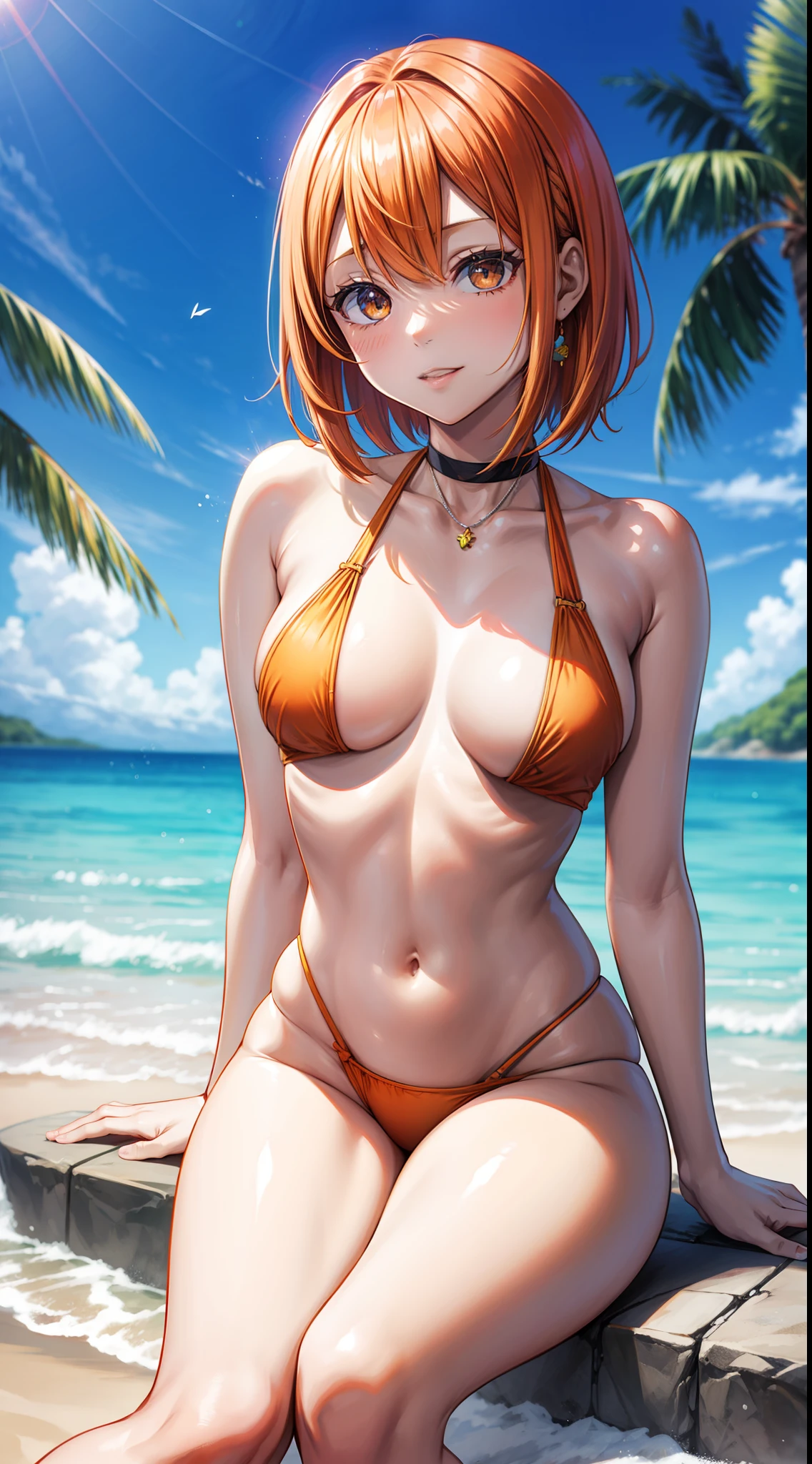 Yotsuba Nakano, franja, short hair, olhos azuis, cabelo entre os olhos, fita de cabelo, faixa de cabelo, orange hair, fita verde, sbikini, estilingue_sbikini_top
