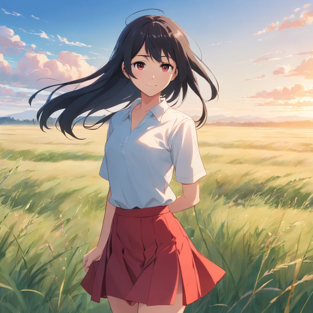 1girl, long black hair, gray eyes, wearing plain white shirt, red skirt, grassland, absurdres, high res, ultrasharp, 8K, masterpiece, looking at viewer, smiling, blue sky